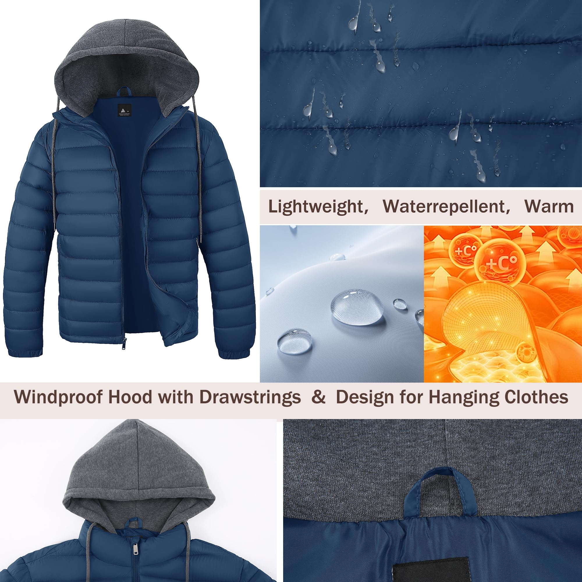 ZITY Herren Jacke Leichte übergangsjacke Frühling Herbst Steppjacke mit Kapuze Daunenjacke zum Wandern Campen Winddichte Winterjacke mit Reißverschluss