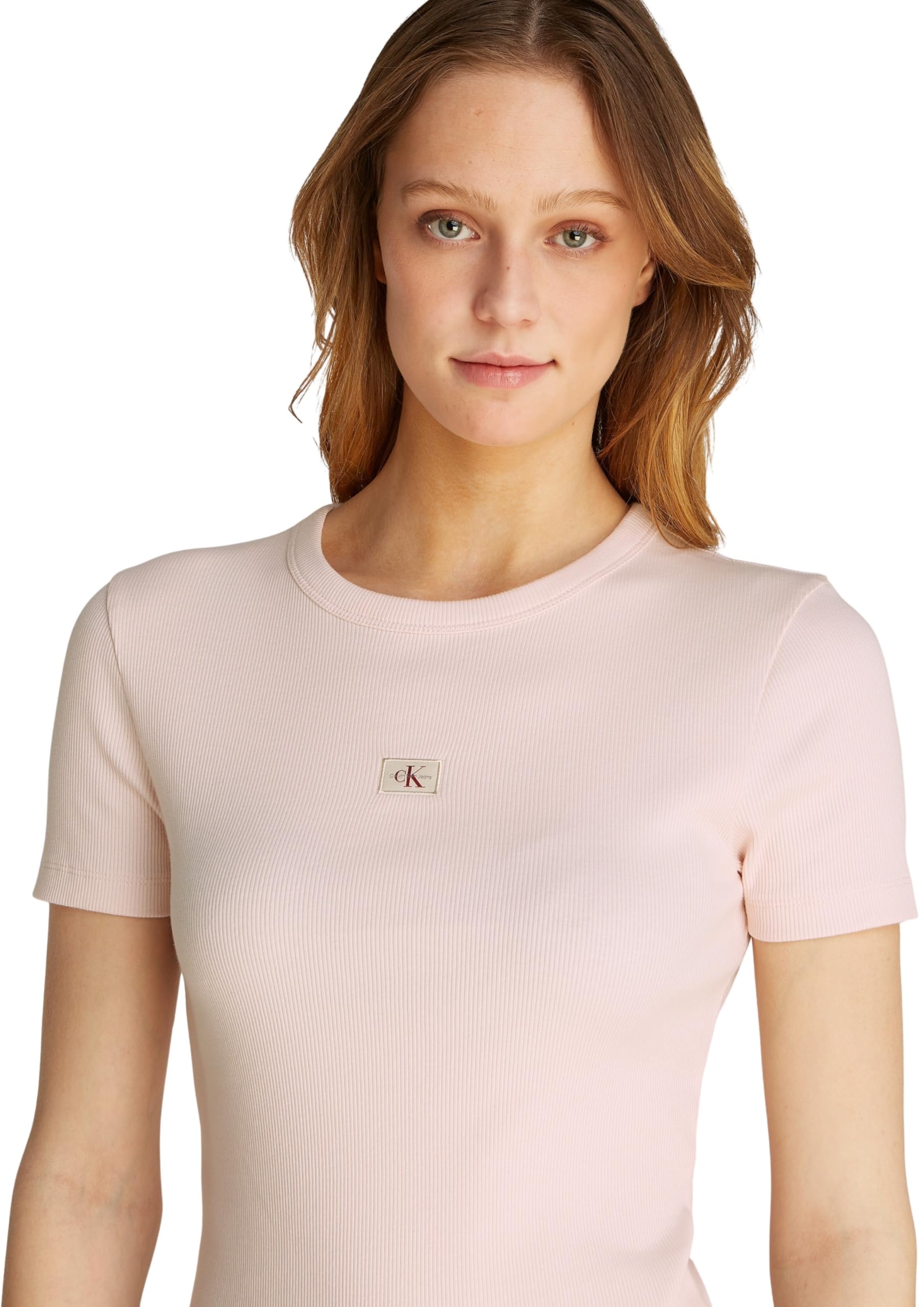 Calvin Klein Camiseta de Manga Corta Mujer Woven Label Rib tee Slim Fit