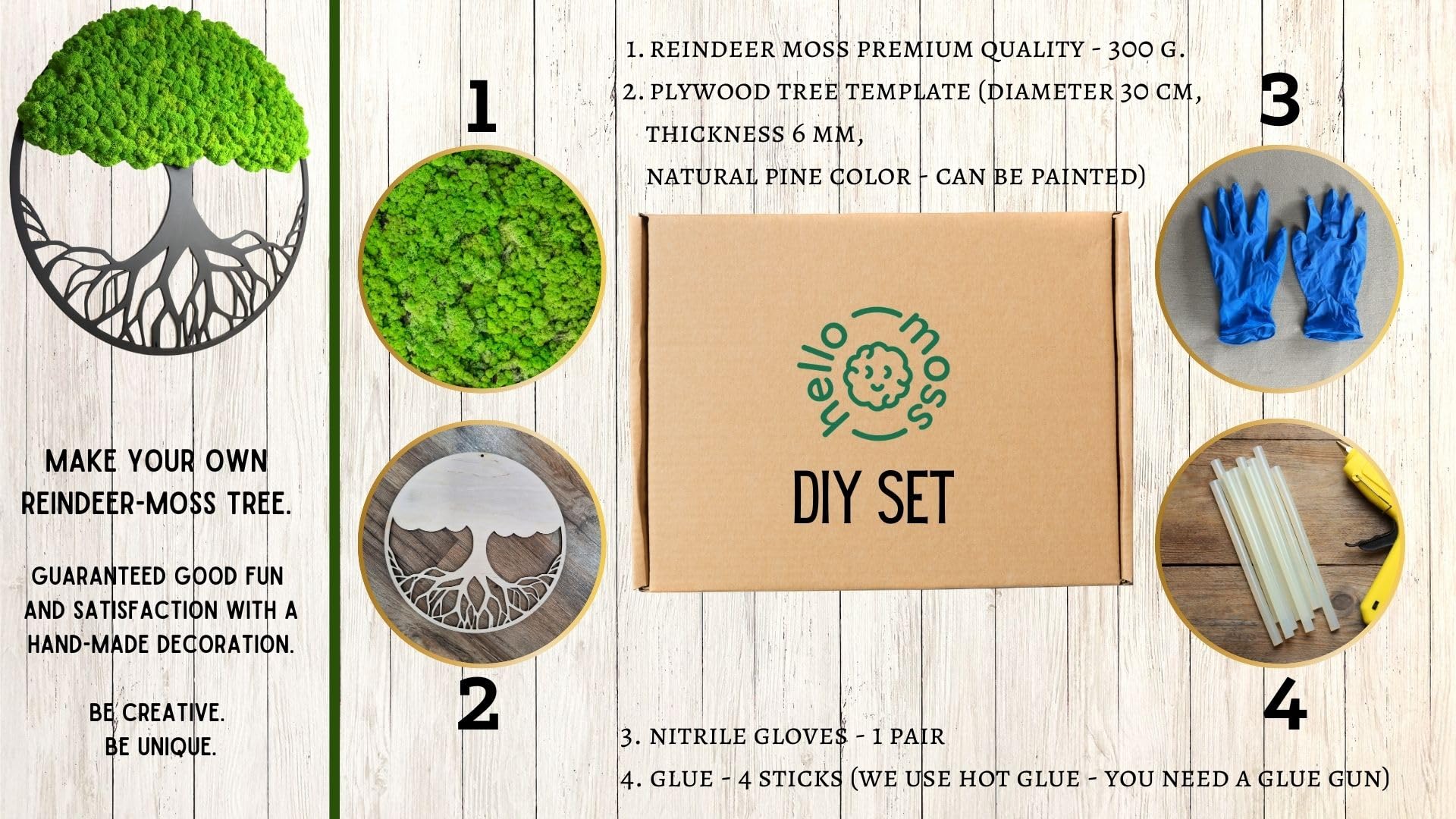 Hello Moss DIY Moosbild in Baumform - Moosbild selber machen set - Set bestehend aus 300g Reindeer Konserviertes Moos und Wanddeko in Baumform 30cm - Moosbild DIY Set