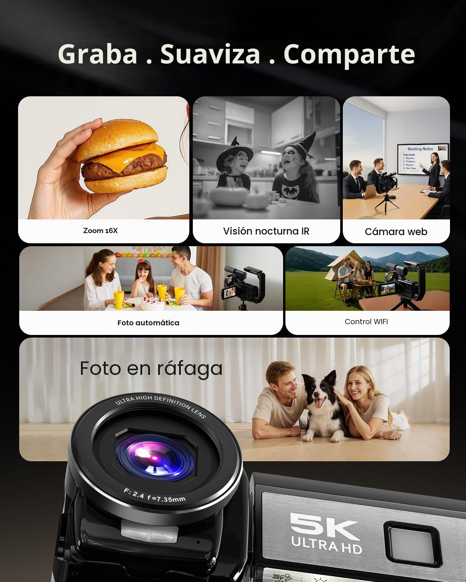 Videocámara 5K, cámara UHD de 64 MP para YouTube con pantalla táctil giratoria de 3 pulgadas y 270°, cámara digital con visión nocturna IR, zoom de 16x, WiFi, cámara web, HD