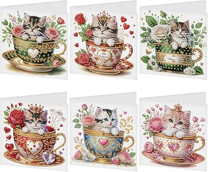 DCIDBEI 6 Pack DIY Diamond Painting Greeting Cards Assortment with Envelopes Diamond Art Kits for Adults Blank Cards Cards for All Occasions Birthday Thank You Baby Wedding and More Cat in The Cup