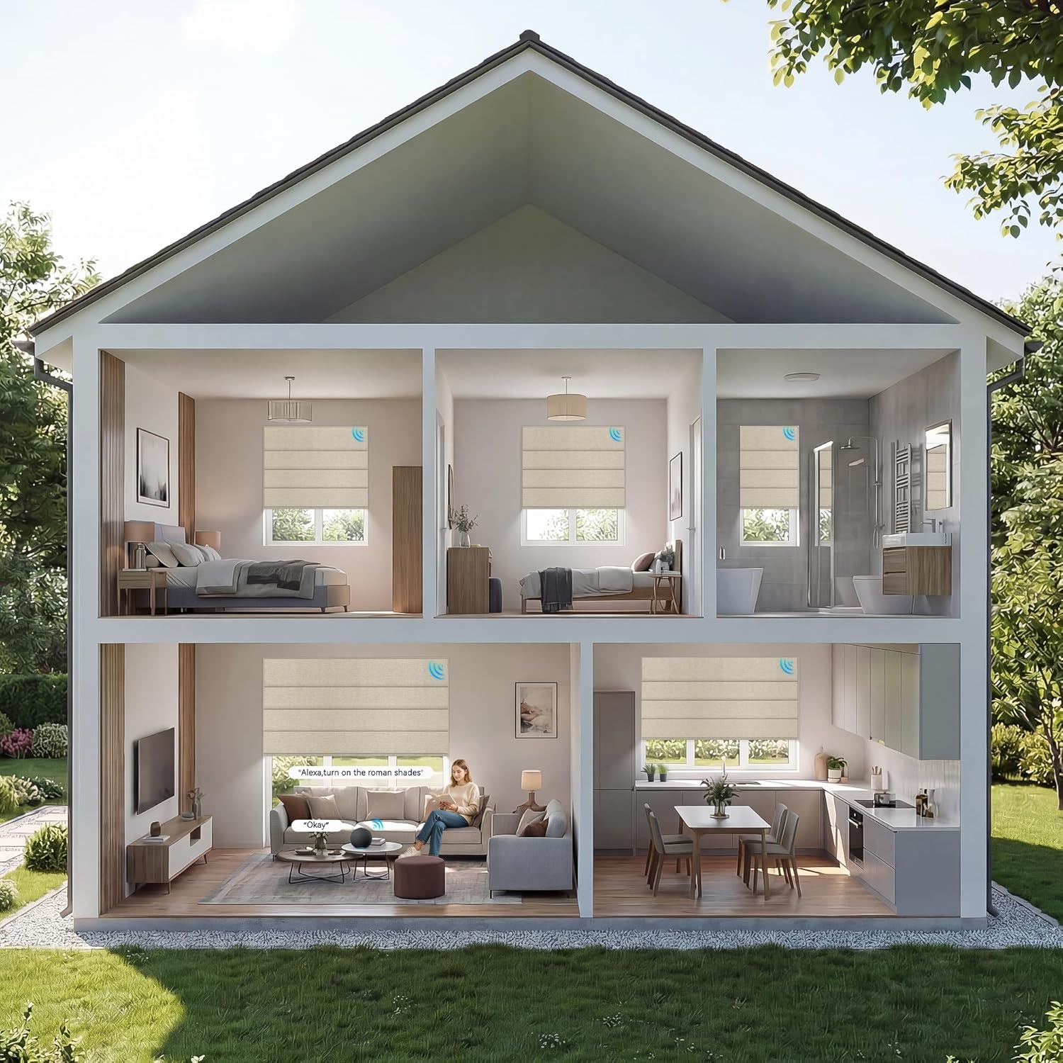 BERISSA Motorized No Drill Roman Blinds with Remote,Cordless Smart Blackout & Light Filtering Fabric Roman Shades for Indoor Windows,Alexa Google Home,APP Control,Custom Color-59 W x 48" H