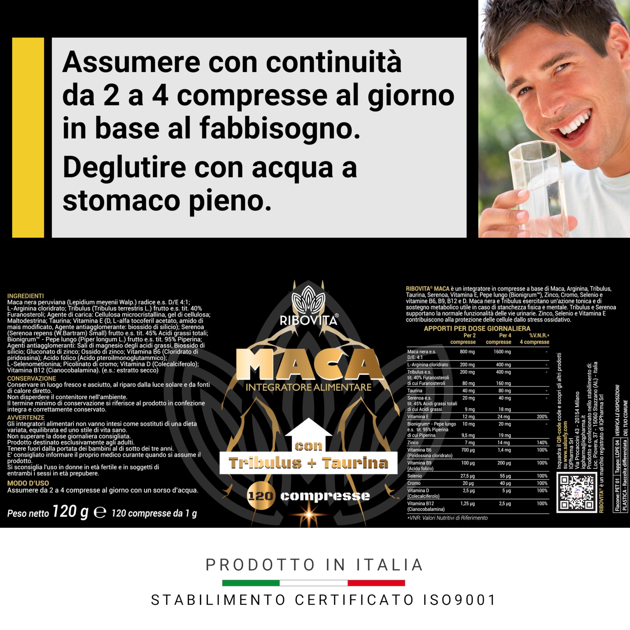 Maca Peruviana Nera 11.500mg con Taurina, Arginina e Tribulus - Integratore Energia Uomo per Forza Fisica e Stamina - 120 Compresse Made in Italy - Formula con 14 Attivi per Sport e Lavoro Intenso