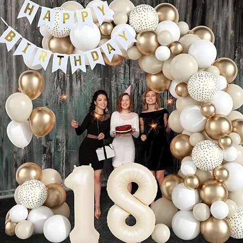 Vista 90 de Decoraciones de cumpleaños número 18 para niños, globos negros y dorados, kit de arco de guirnalda con el número 18, globo de confeti de papel