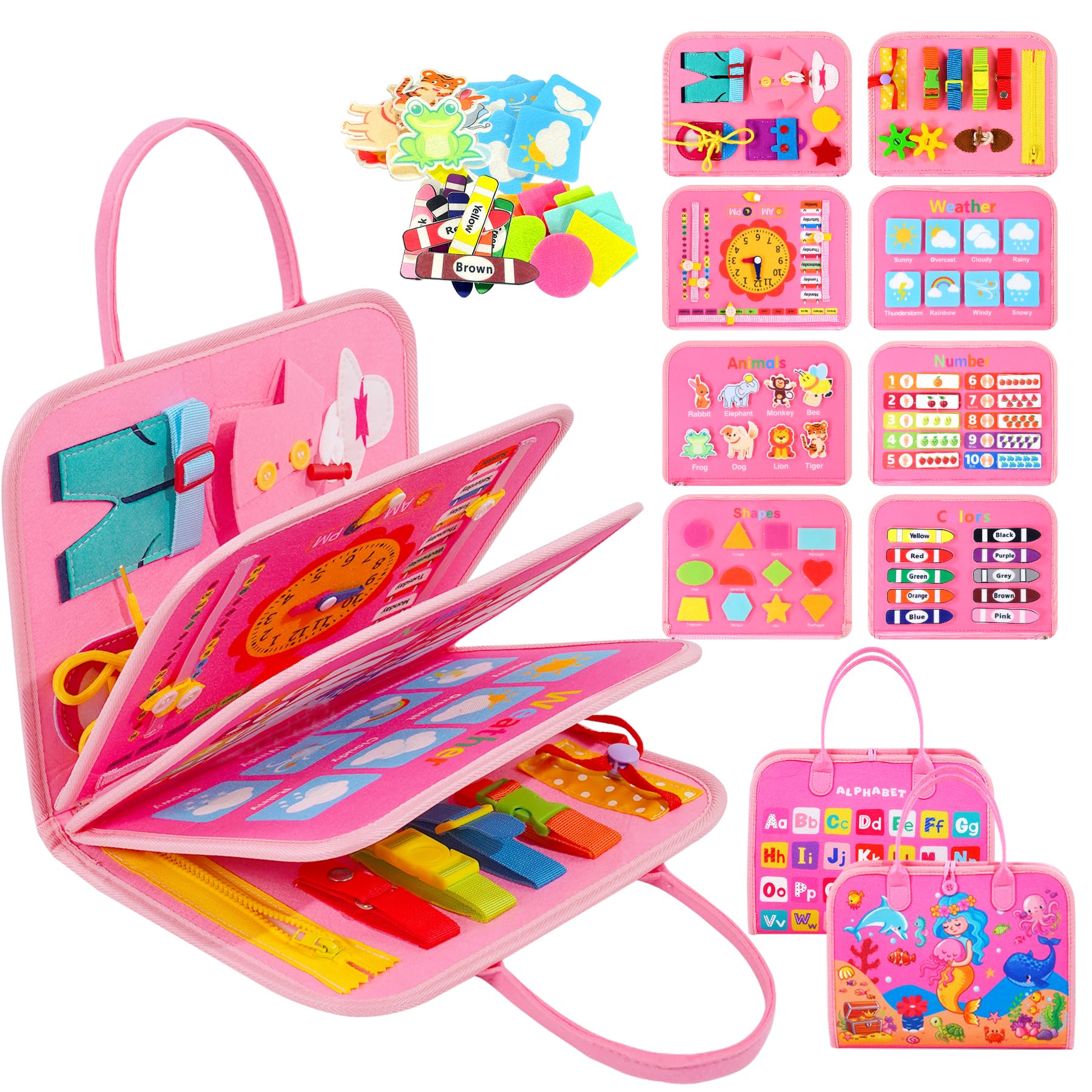 Busy Board Giochi Montessori 1 Anno - Libro Montessori Interattivo in Feltro, Pannello Sensoriale Educativo per Bambini - Giochi Bambini 2 Anni, Regalo Bimbo Bimba Compleanno (rosa)