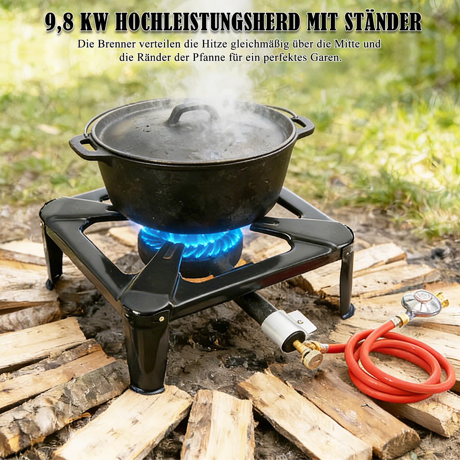 Réchaud à gaz 10 kW - 40 x 40 x 15 cm - 1 feu - Avec tuyau de 1,5 m et régulateur de pression de 50 mbar - Réchaud à gaz à 4 pieds - Pour camping et randonnée