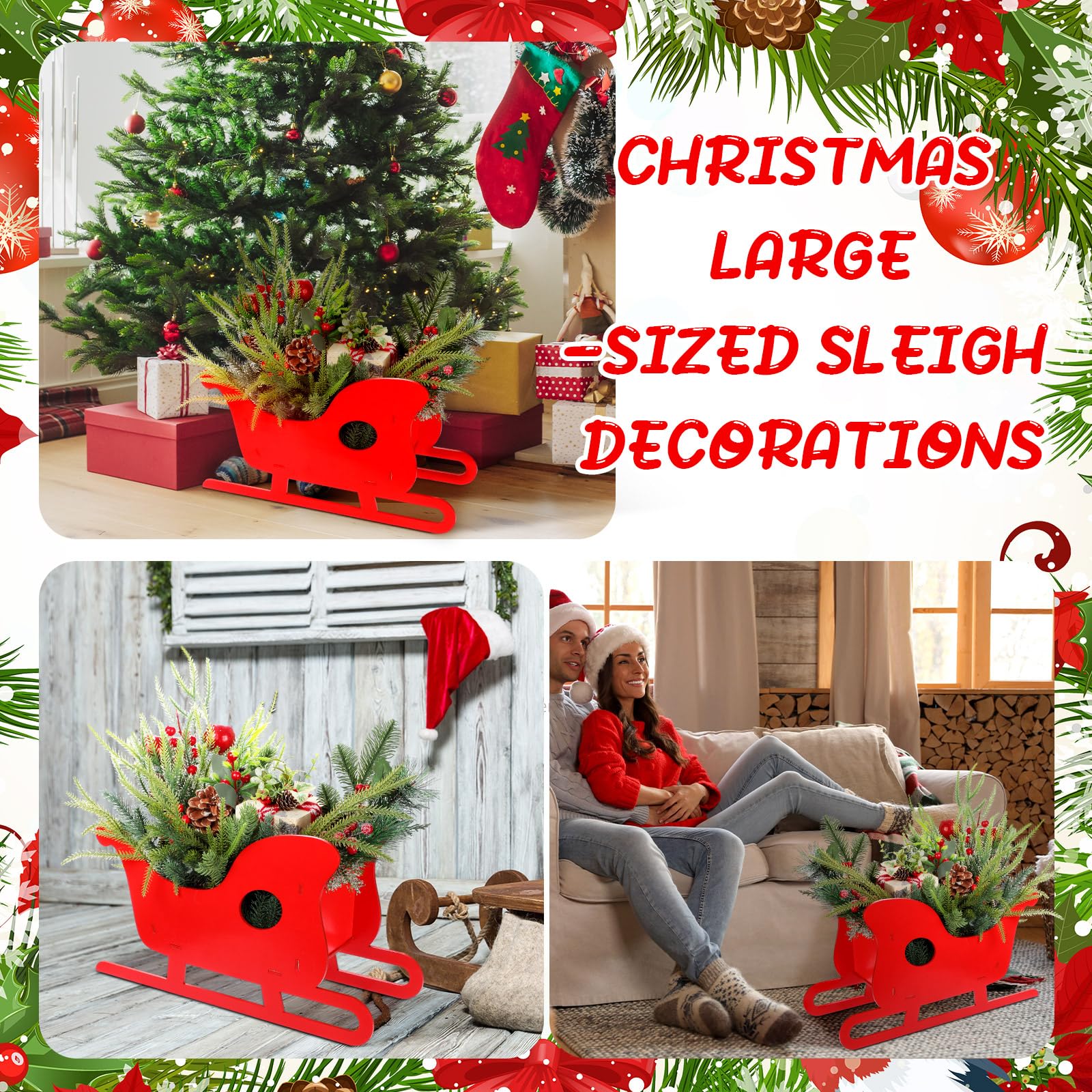 Lineshading Grande décoration de traîneau de Noël en bois rouge de 48,3 x 27,9 cm - Décoration de table rustique pour fête de Noël - Pendentif bol à bonbons