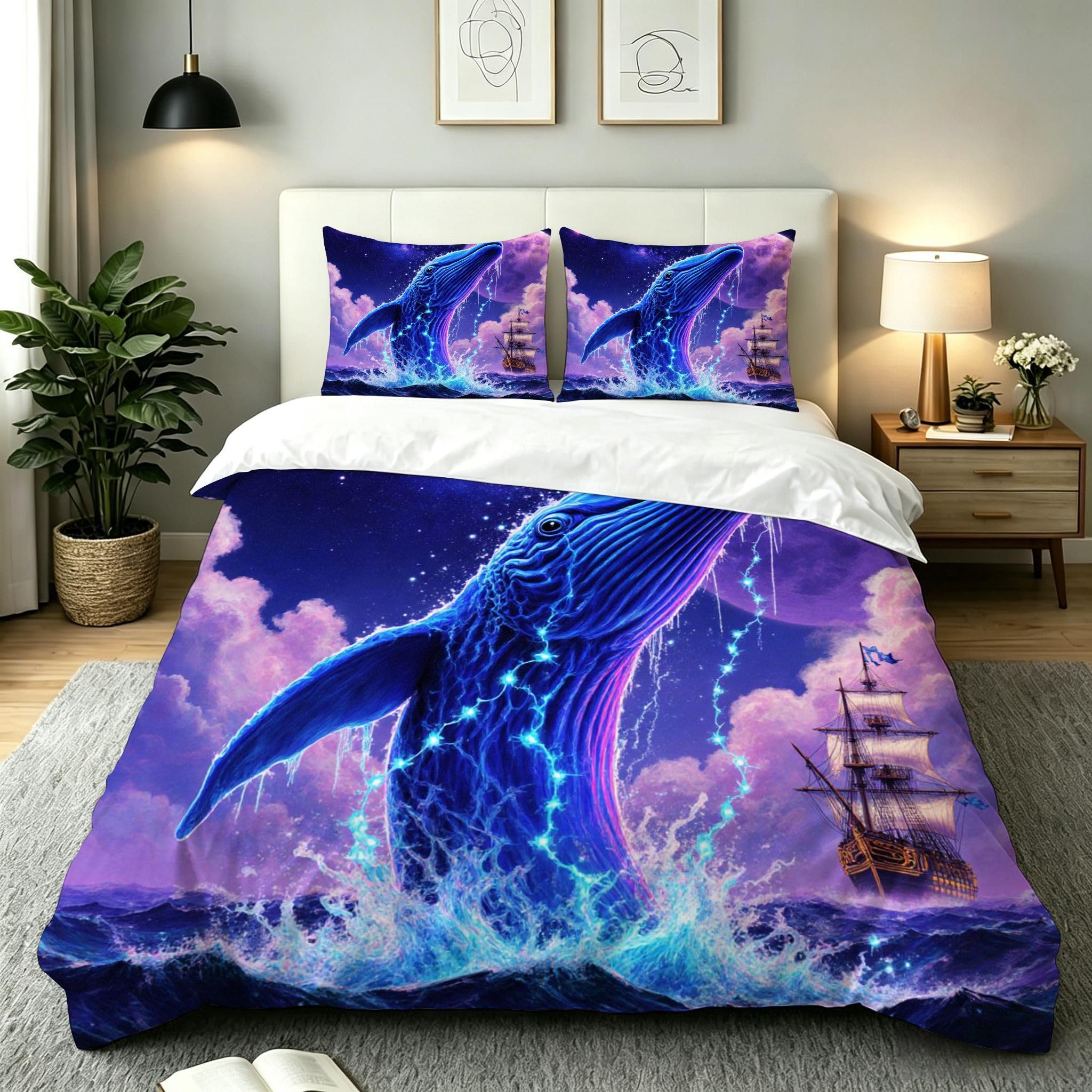 Funda Nórdica Cama 180, 240x260 cm Ballena Azul, AQ2160 | 3D Estampado, con 2 Funda Almohada, con Cremallera Oculta, para Adultos Parejas, para Villa Dormitorio, Ligero Transpirable