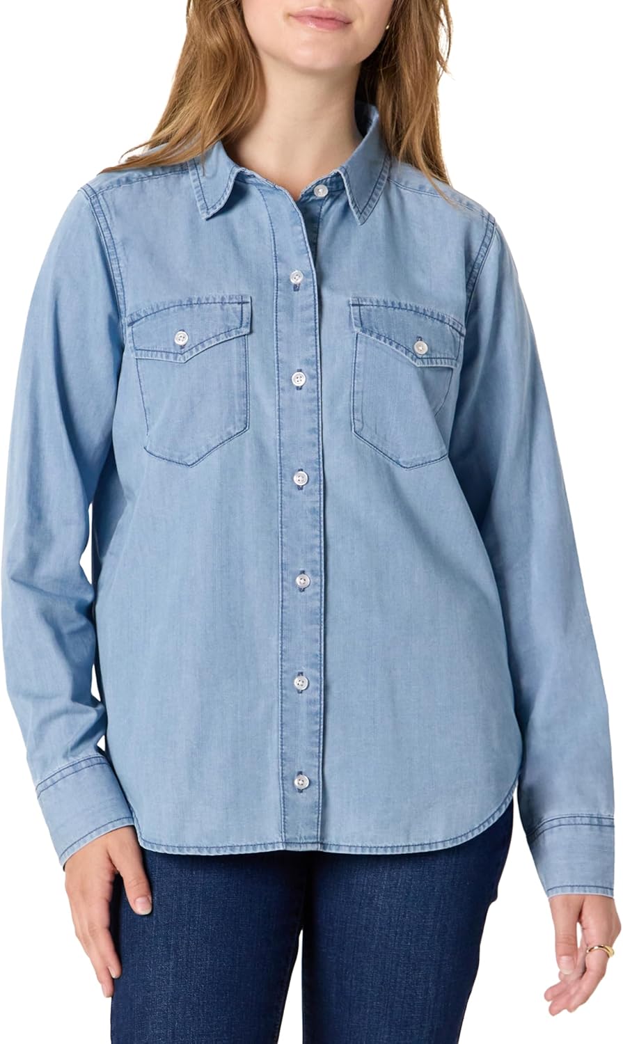 Amazon Essentials Women's Relaxed-Fit Denim Chambray Button-Down Long-Sleeve Shirt