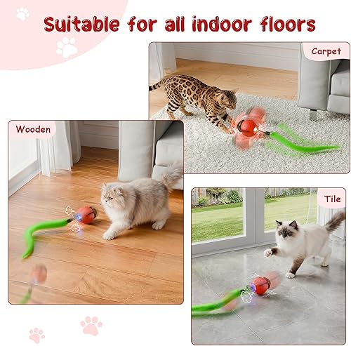 Miniatura 6 de Pelota de juguete interactiva para gatos, juguete eléctrico de movimiento automático Firefly con 2 colas de plumas, modos de 3 velocidades,