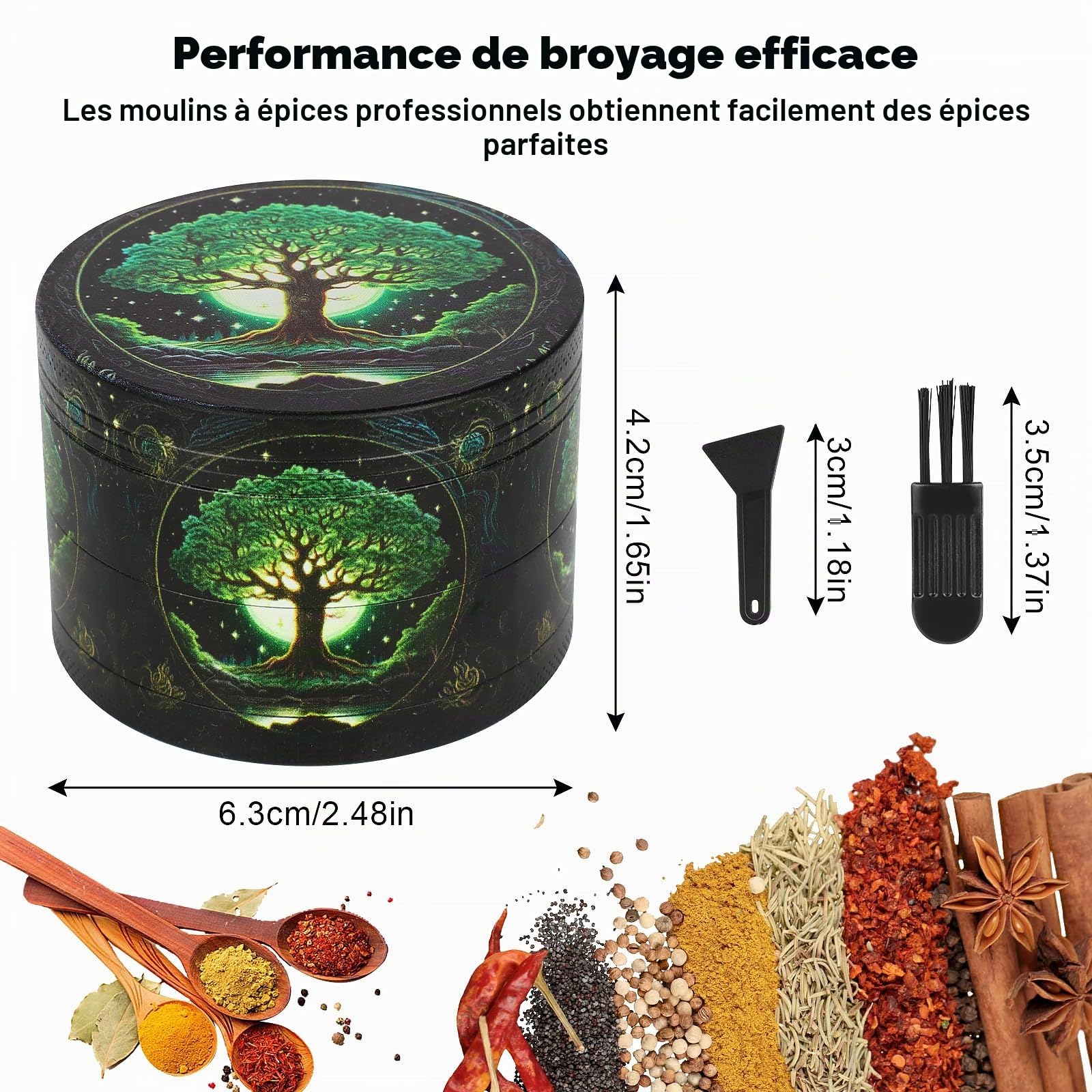 Grinder Grand broyeur 63 mm 40 dents de broyage Moulin à épices avec motif arbre en métal Lot de 4 pièces pour épices, épices, pollen