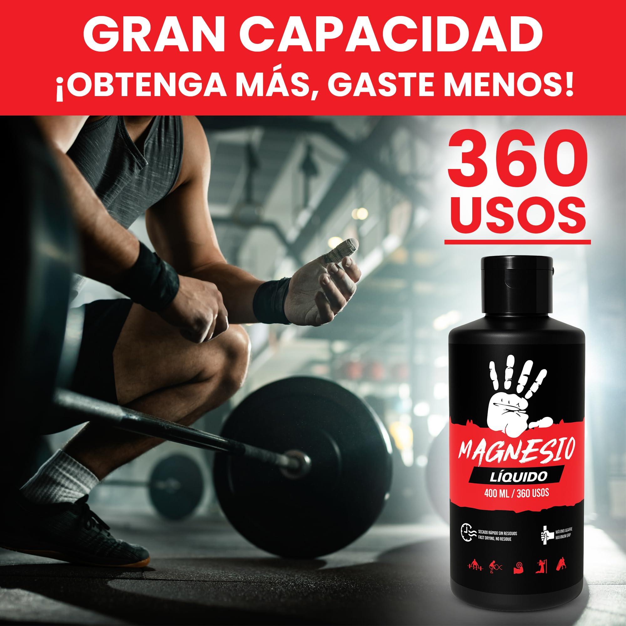 Magnesio Líquido 400ml | 360 Usos Reales | Agarre Crossfit, Escalada, Calistenia, Halterofilia | Máximo Rendimiento | Secado Rápido | Sin Residuos | Chalk Profesional