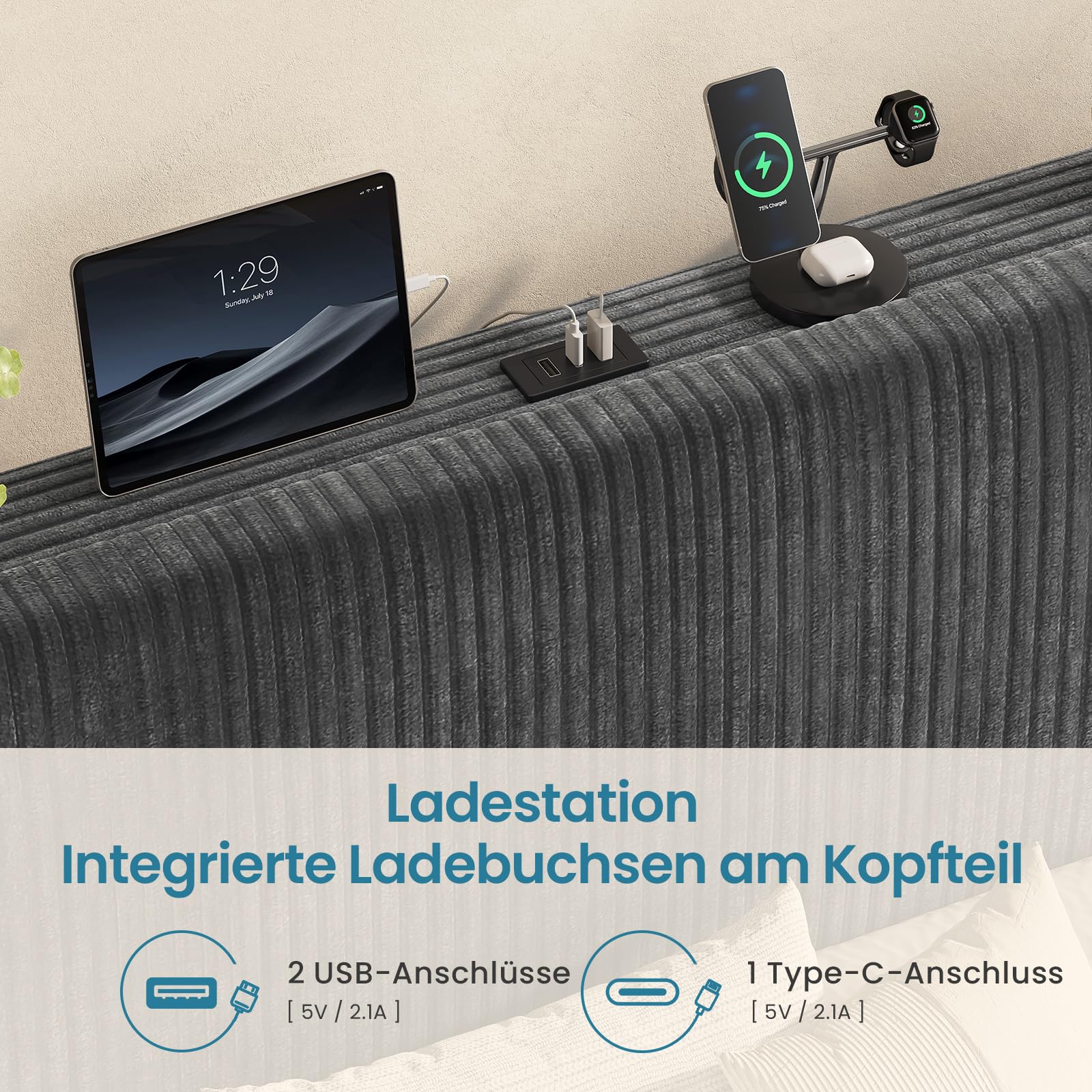 KIMENICH Polsterbett 90x200cm mit Hydrauliksystem & Stauraum, Stauraumbett mit Höhenverstellbarem Kopfteil, Bettgestell 90x200cm mit Smart LED, Bett mit Ladestation,Gestreifter Samt,Grau