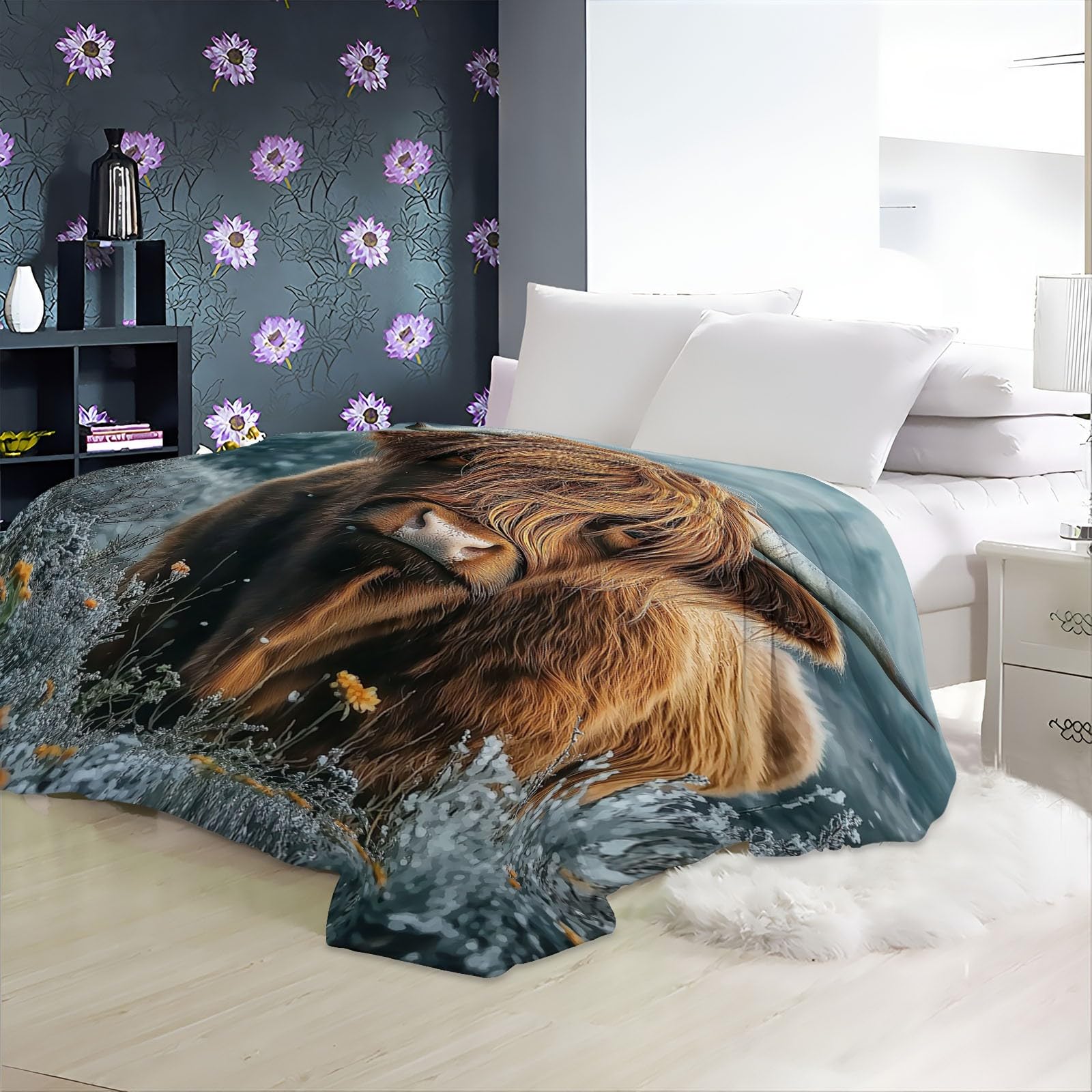 Manta Franela para Cama Manta para Sofá Suaves 100% Microfibra Grande Broncearse Flannel Blanket Animales Ganado de Las Tierras Altas Flores Manta Invierno Calentitas 220 x 240 cm