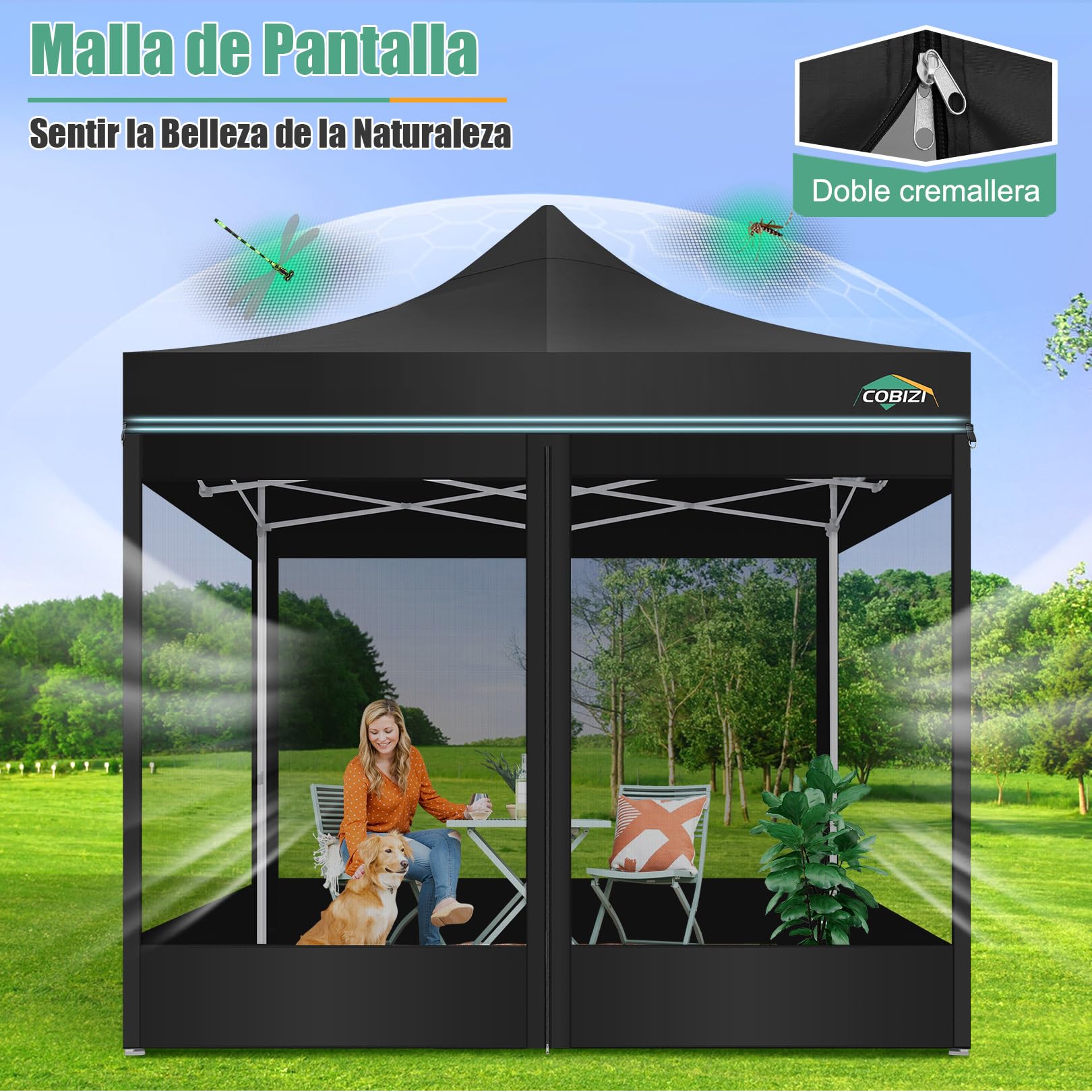 COBIZI Carpa Plegable 3x3 con Mosquitera Pared Lateral,Impermeable Carpa Plegable,Carpas para Exteriores Pergola,Cenadores para Jardin Camping Playa con Bolsa de Transporte(3 por 3m Negro) | Impermeable, con 3 alturas ajustables, 4 paredes laterales y bol