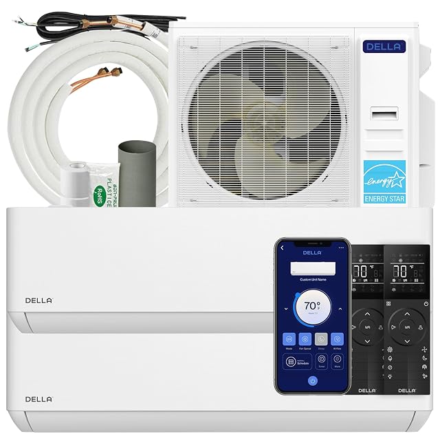 Della DELLA 36K BTU ODU 2 Zone 2x24K BTU 24 SEER2 208-230V Cools Up to 3000 Sq.Ft Wifi Energy Saving Multi Zone Ductless Pre-Charged Mini Split AC & Heat Pump Compatible with Alexa, 16ft Installation Kits