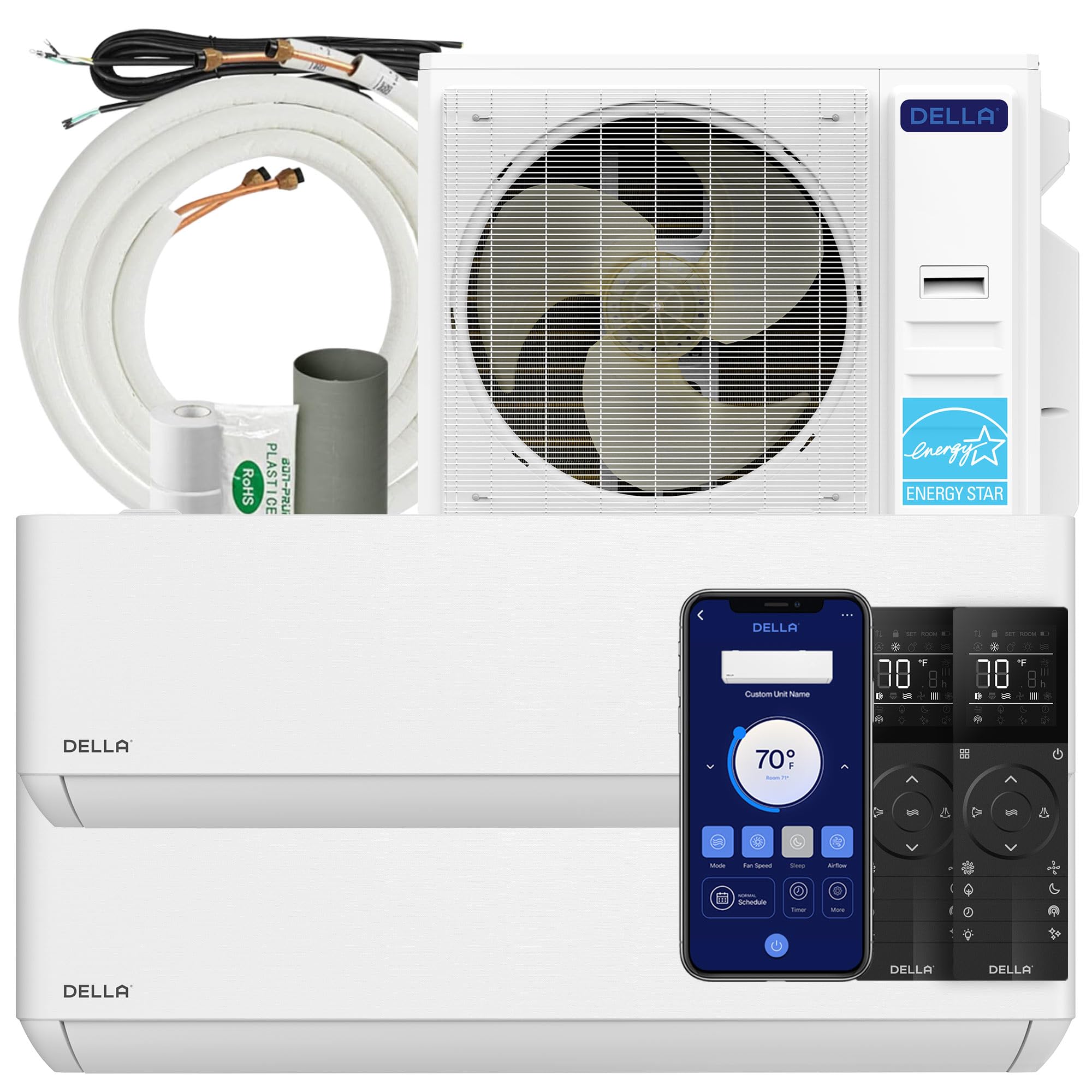 DELLA 35K BTU ODU 2 Zona 23000 23000 BTU 22 5 SEER2 208 230V Enfría hasta 3000 pies cuadrados Wifi Ahorro de energía Multizona Sin ductos Precargado Mini Split AC Bomba de calor Trabaja con Alexa Kits de instalación de 16 pies