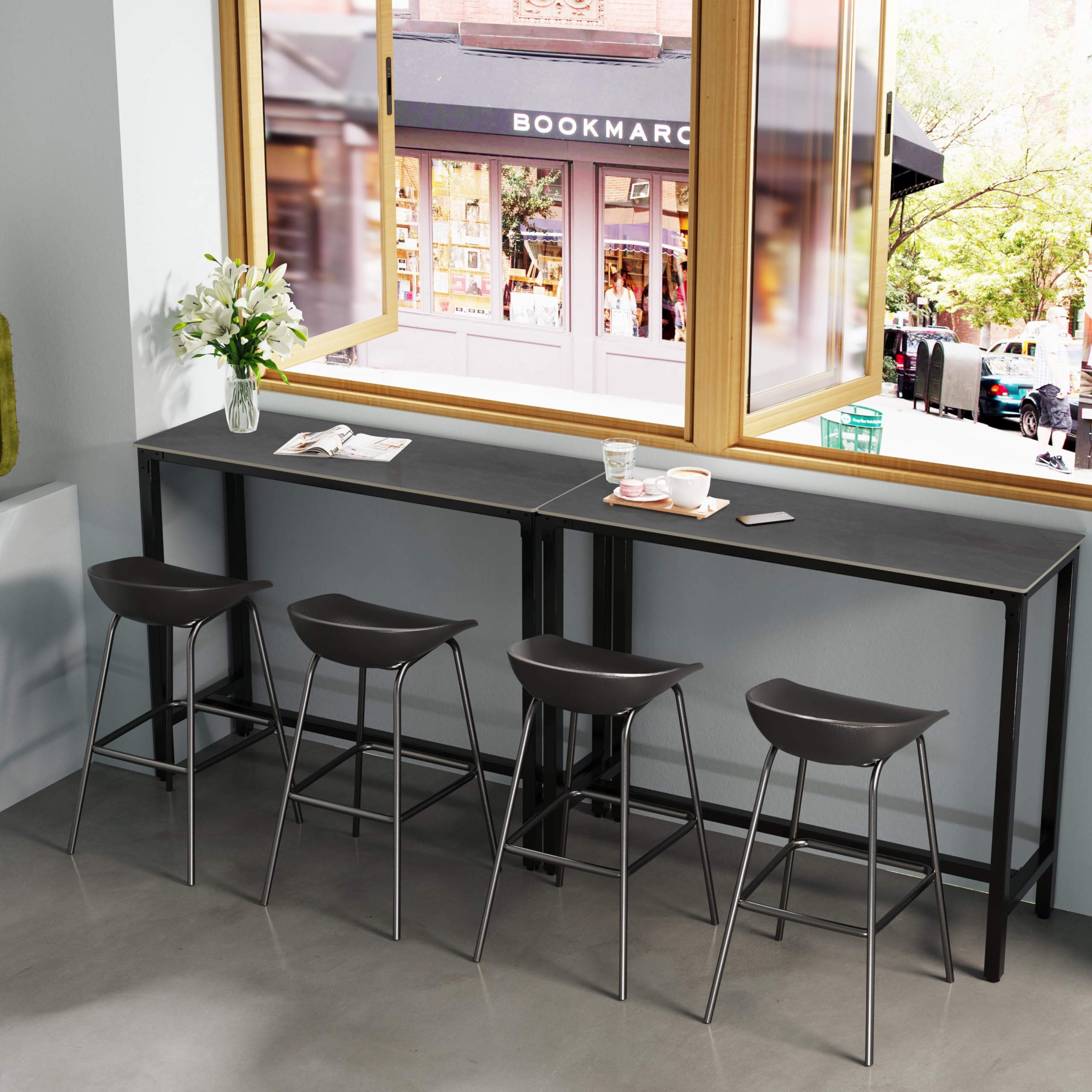 Tavolo da bar rettangolare in pietra sinterizzata: 120 cm di lunghezza, in marmo grigio misto nero, altezza 105 cm, tavolo da cocktail per casa, cucina, colazione, sala da pranzo, pub, caffetteria