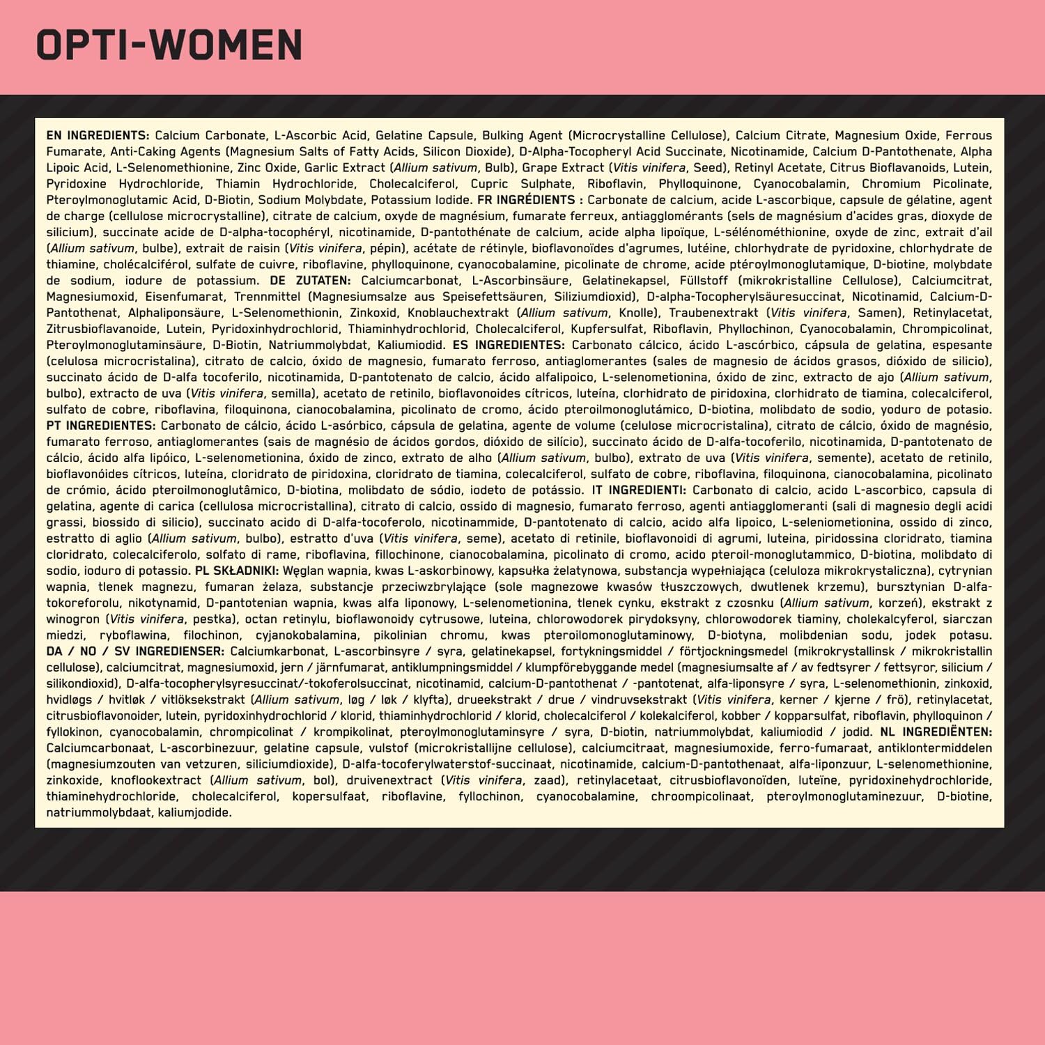Opti-Women Multi-Vitamin Optimum Nutrition – suplement dla kobiet, zawiera witaminy i minerały, bez dodatków smakowych, 60 porcji, 120 kapsułek