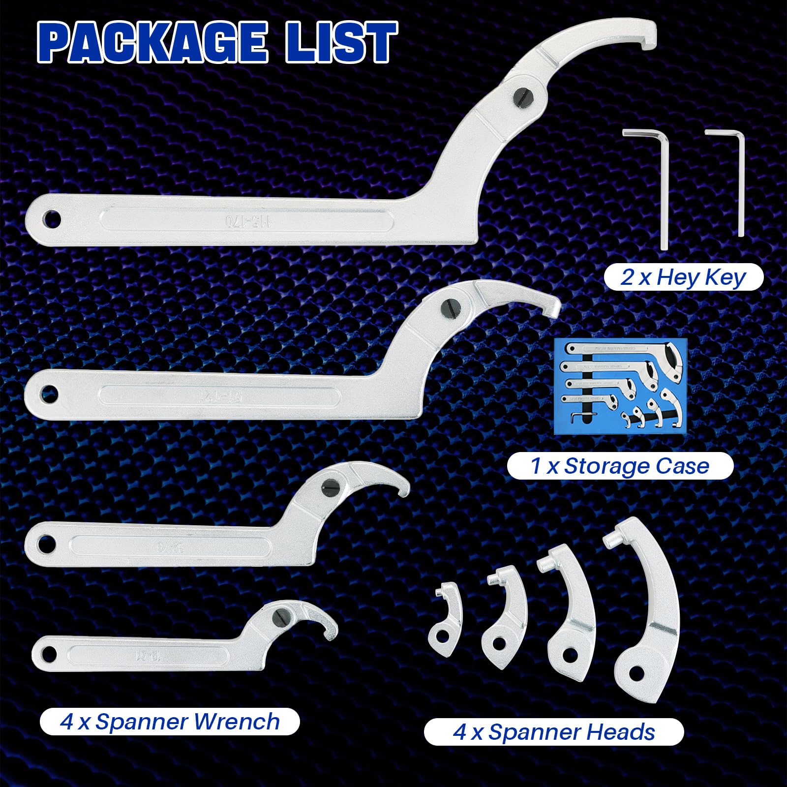 DASBET Set di 8 chiavi a gancio regolabili a C, in cromo vanadio con testa rotonda intercambiabile, per veicoli, attrezzature meccaniche, stringere dadi di bloccaggio e cuscinetti da 3/4" a 6-1/10"