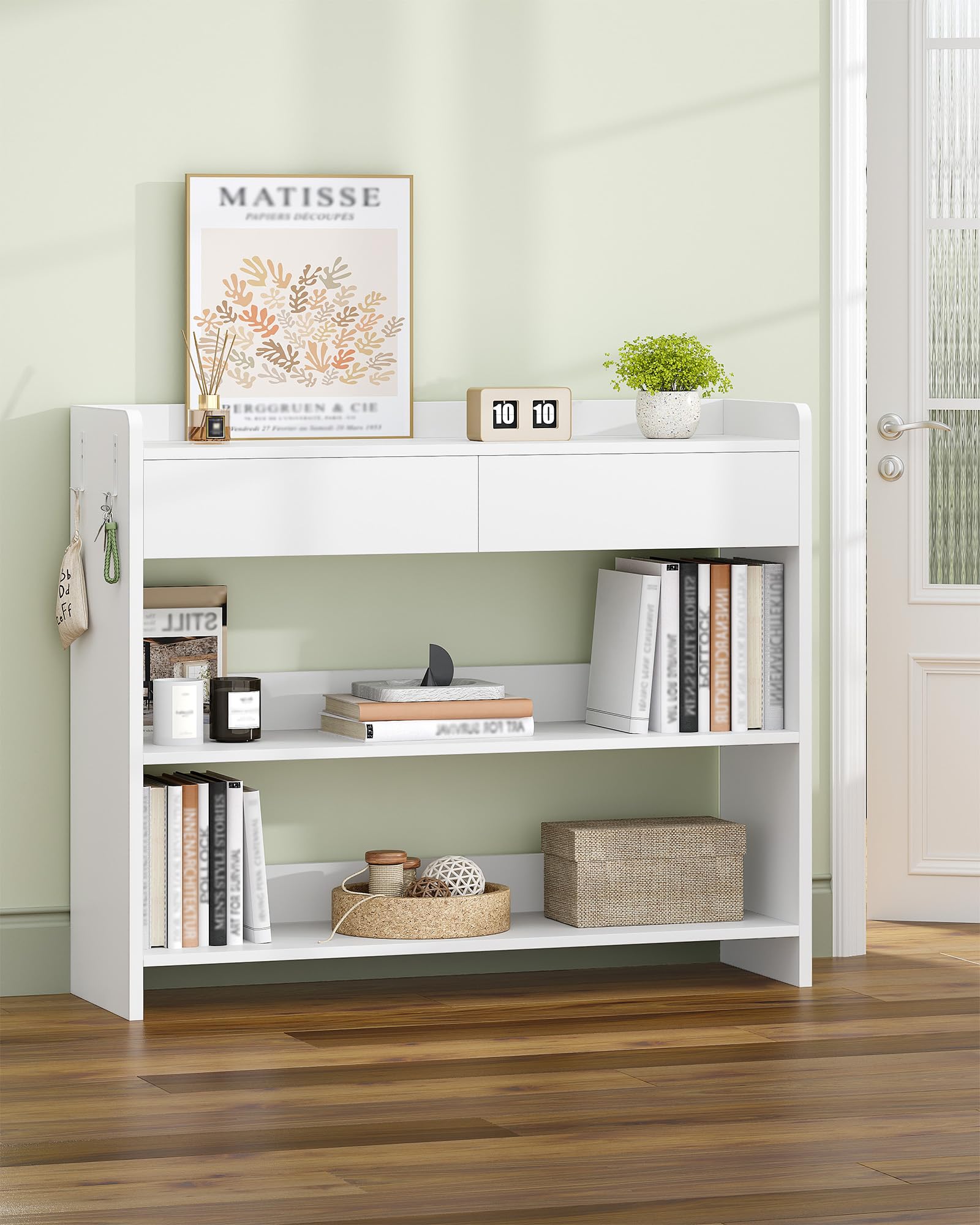 Hzuaneri Tavolo da Console con Ripiani e Cassetti, Mobile Ausiliario in Legno, Due ganci su ogni lato, per Soggiorno, Ingresso, Corridoio, 100×30×80 cm, Bianco CT01603X