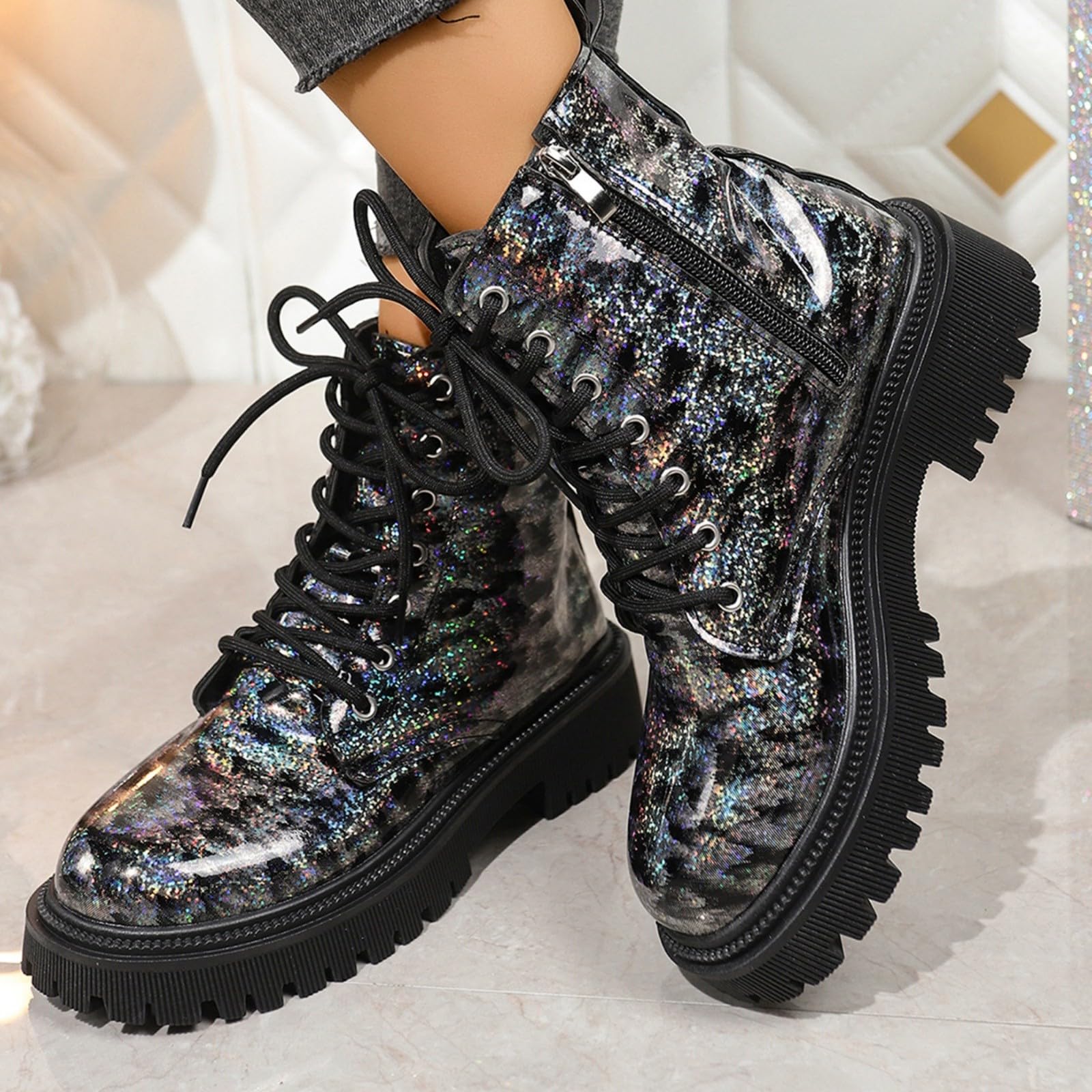 Genérico Botines Mujer Vestir Cordones Plataforma Botas Puntera Redonda Elegantes Zapatos Suaves y Cómodos Caminar Bota Informales Antideslizantes Botin para Vaqueros Vestidos Faldas y Uso Diario