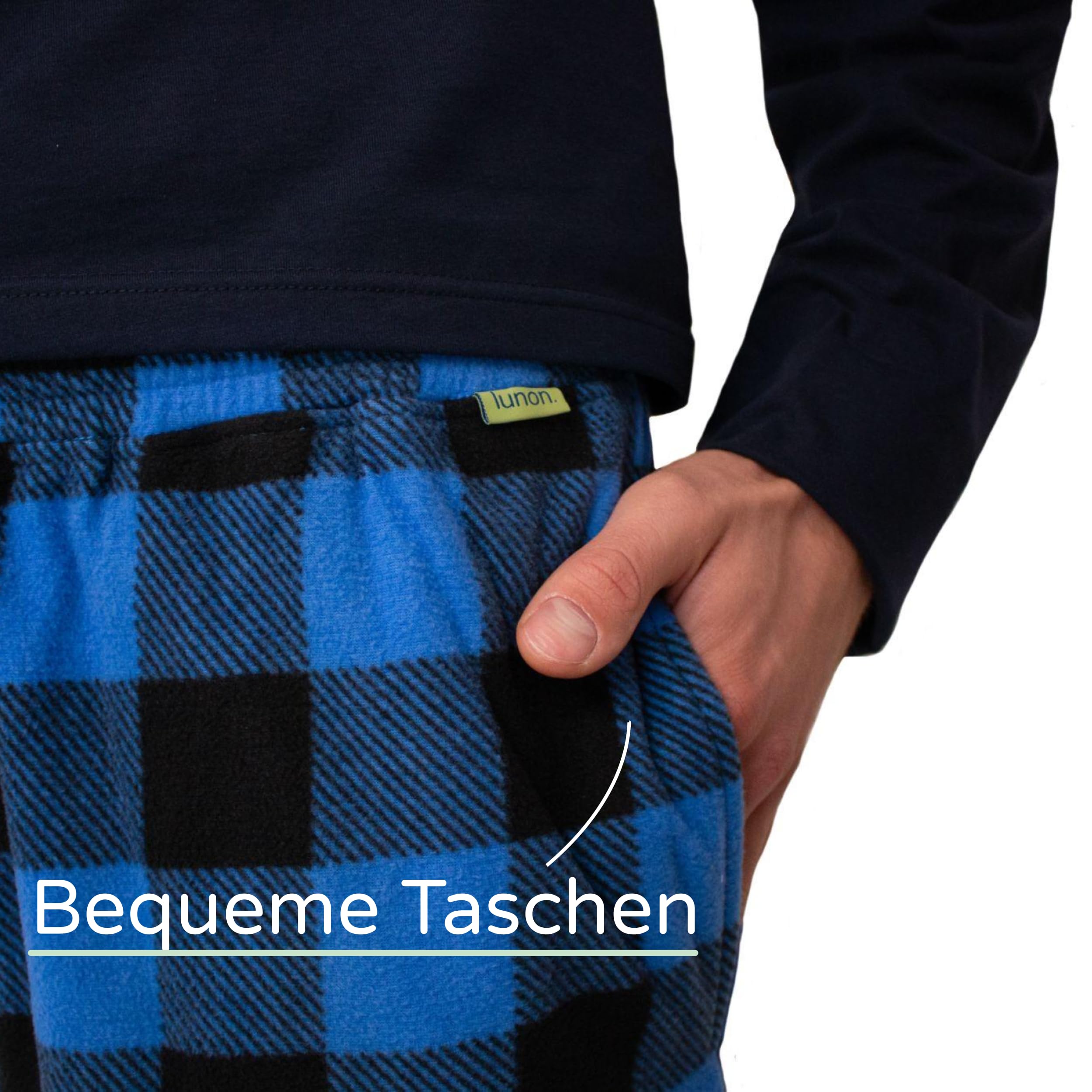 lunon Fleece Schlafanzug, Herren lang, Pyjama Set, Fleece, Langarm, Pijama for Men, Zeitloses Design, geeignet für Winter und Sommer (2-teiliges Set)