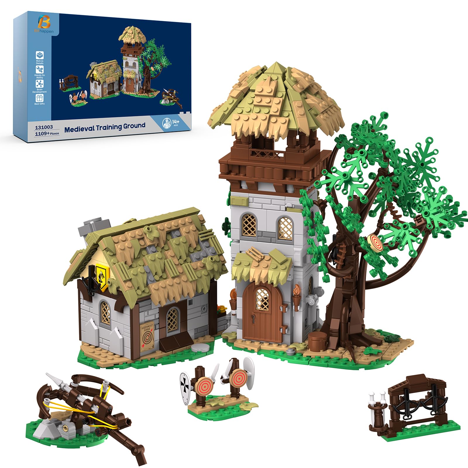 Campo de entrenamiento medieval, modelo de casa medieval, campo de tiro con arco, bloques de construcción para jóvenes y adultos (1109 unidades)