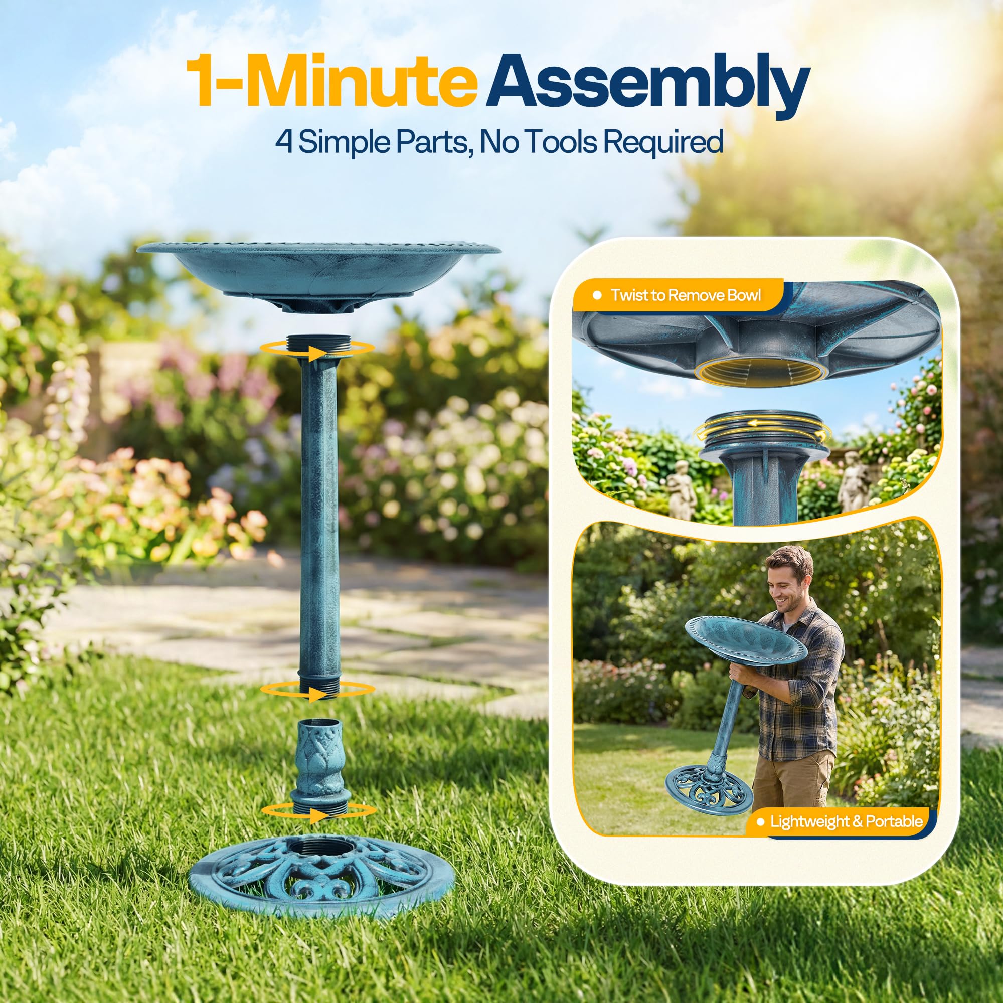 VIVOHOME Abbeveratoio per Giardino 71cm Altezza Poliresina Leggero Antico Plastica Resina da Terra Esterno Ciotola d'Acqua per Uccelli