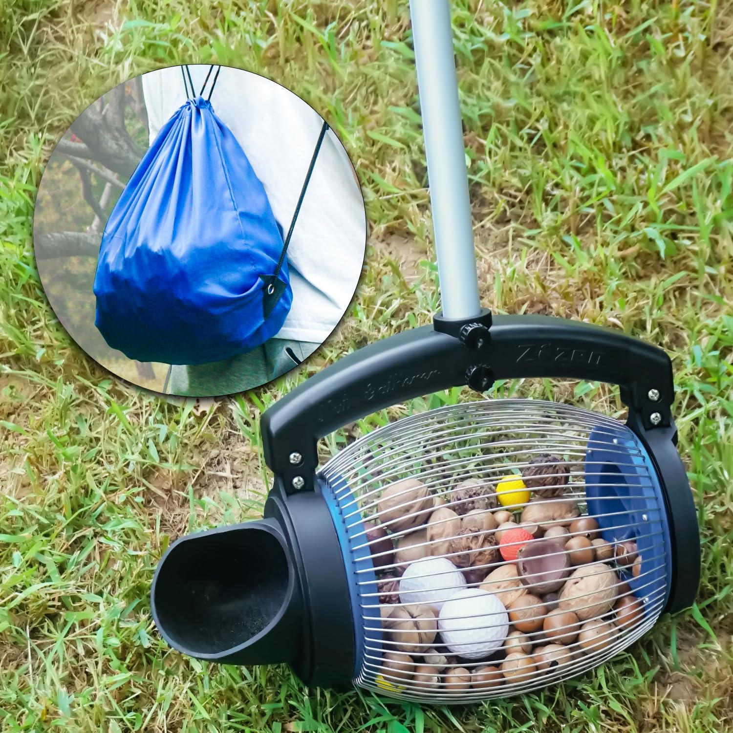 Zozen Nut Gatherer, Acorn Picker Upper - Directly Dump Outlet | Pecan Picker Upper - Apply to Walnut, Hickory, Pecan, Chestnuts, Buckeyes, Nerf Balls, Golf, Objects 3/4'' to 1-1/2''; 55 inch, 1 Gallon