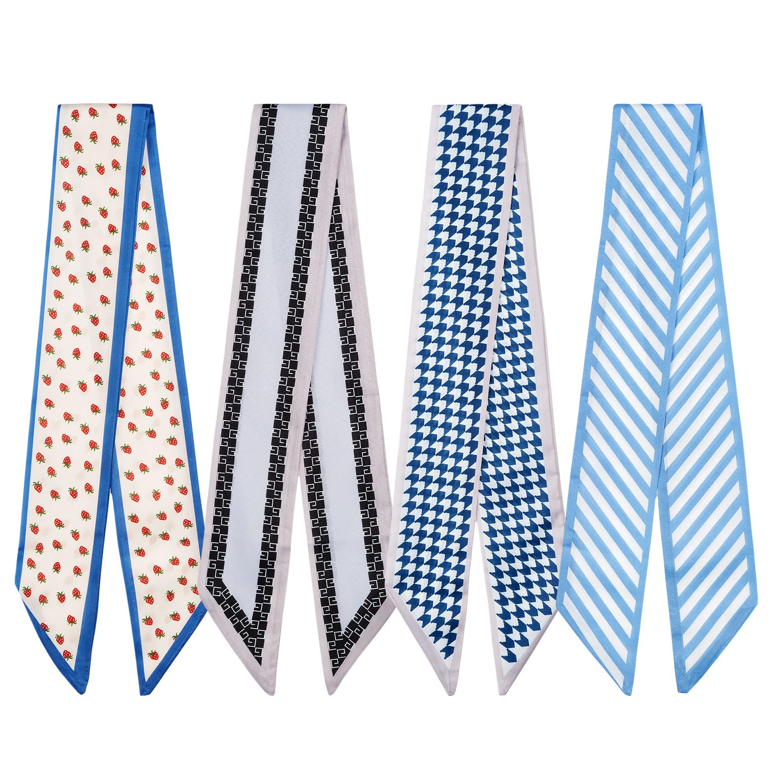 QIUTIMIY 4er-Pack Schals schmale Twill-Haartücher Halstuch Band Geldbörse Modeaccessoires Damenhandtaschen Charms