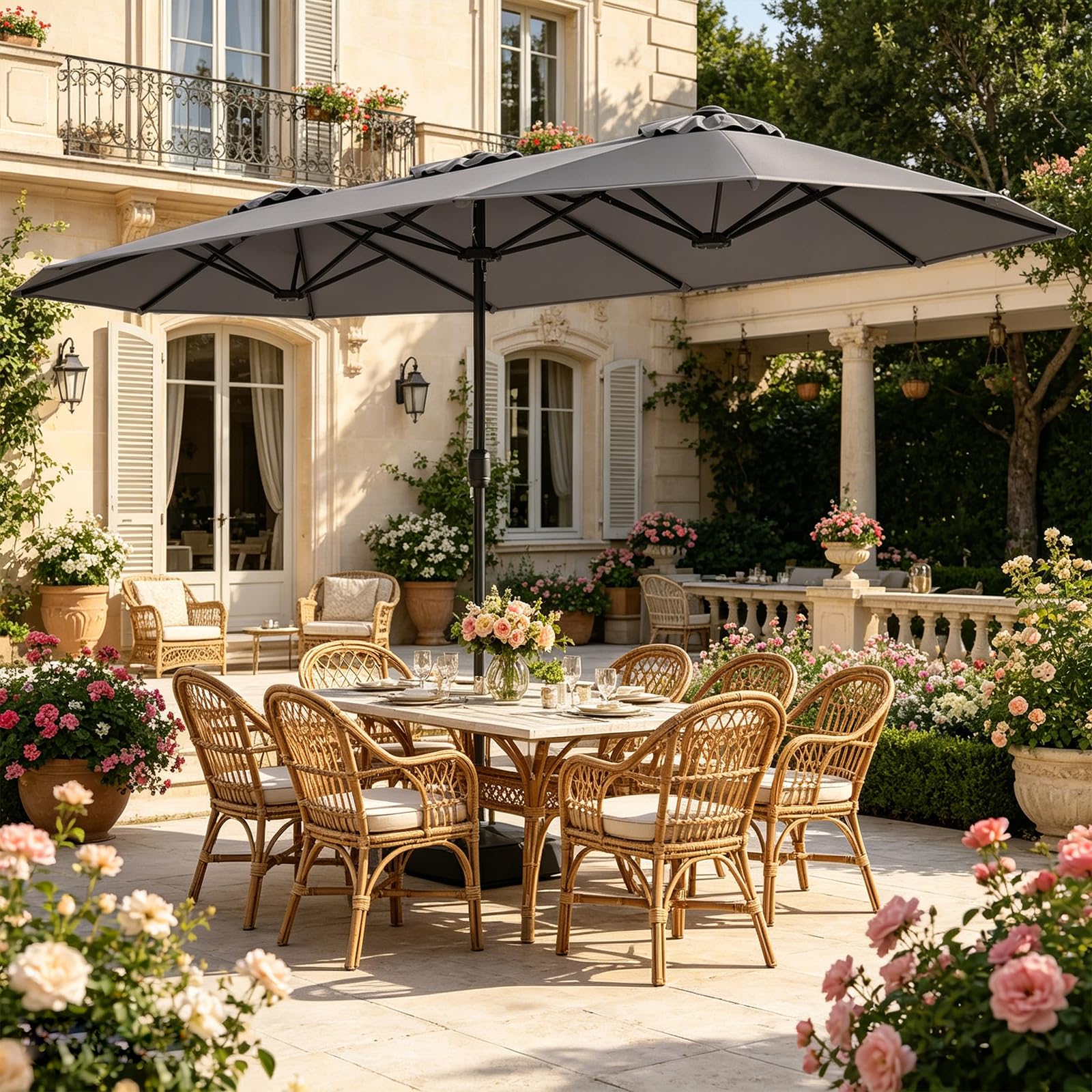RELAX4LIFE Grand Parasol de Jardin Exterieur avec Pied, 4x2M Parasol Double pour Terrasse/Piscine/Marché, 12 Baleines Renforcées, Manivelle, Protection Solaire pour 6-8 Personnes (Gris)