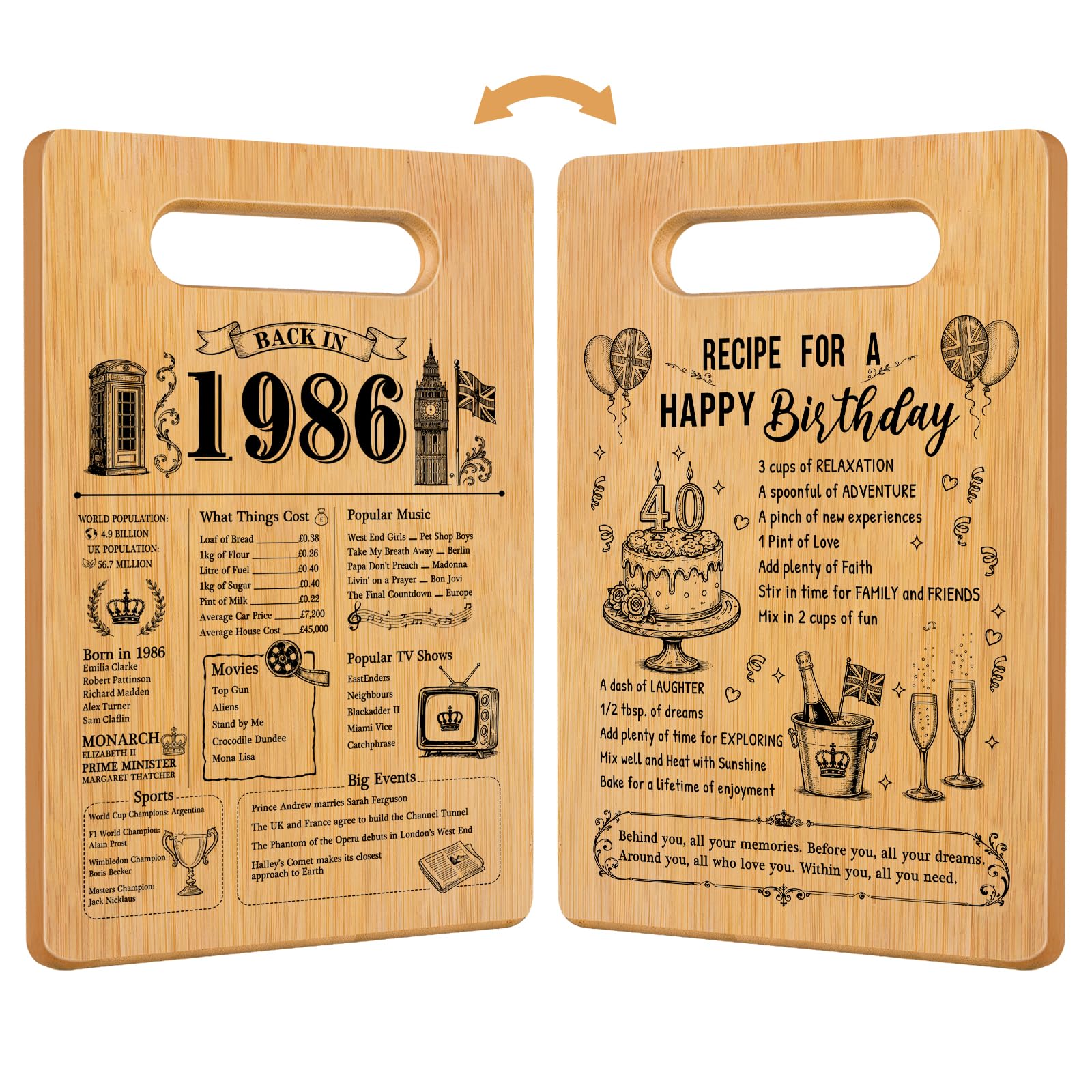 40th Birthday Gifts for Women Men 40 Year Old, 1986 Double Sided Chopping Board