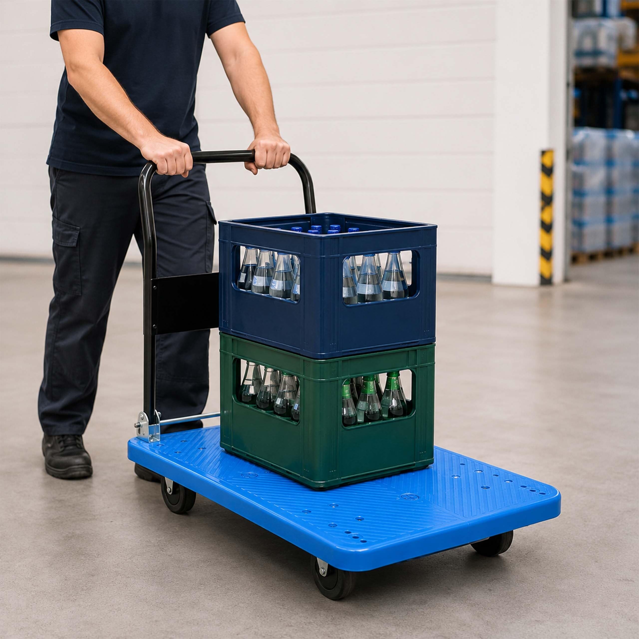 Relaxdays Transportwagen bis 300 kg, klappbar, Plattformwagen, Griff, 2 Lenkrollen, große Ladefläche, Handkarre, blau