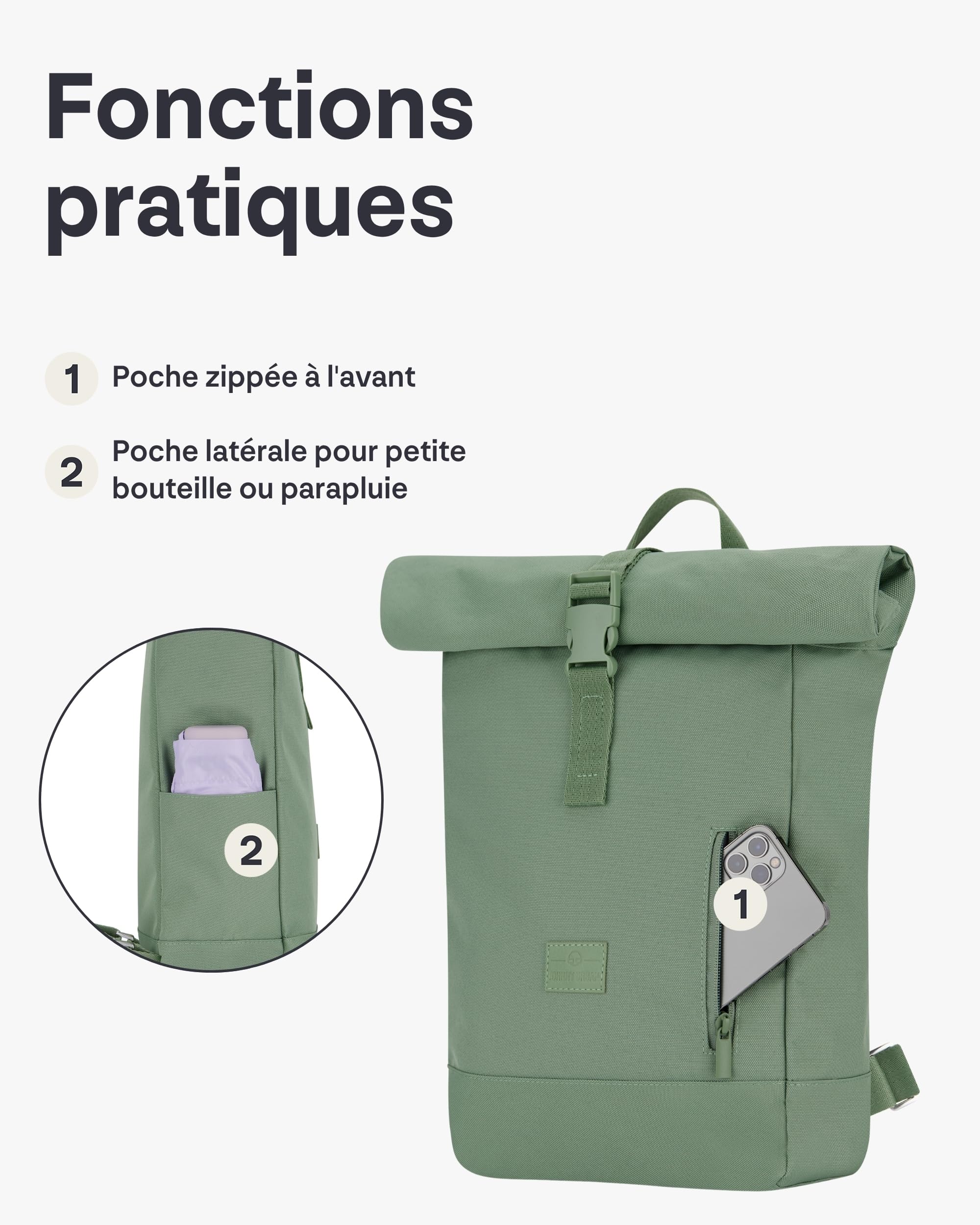 Johnny Urban Sac à dos Femme & Homme Vert - Robin Small - Mini Sac de Jour Décontracté pour Voyage, Travail et Bureau - Compartiment Ordinateur Portable 12" - Déperlant