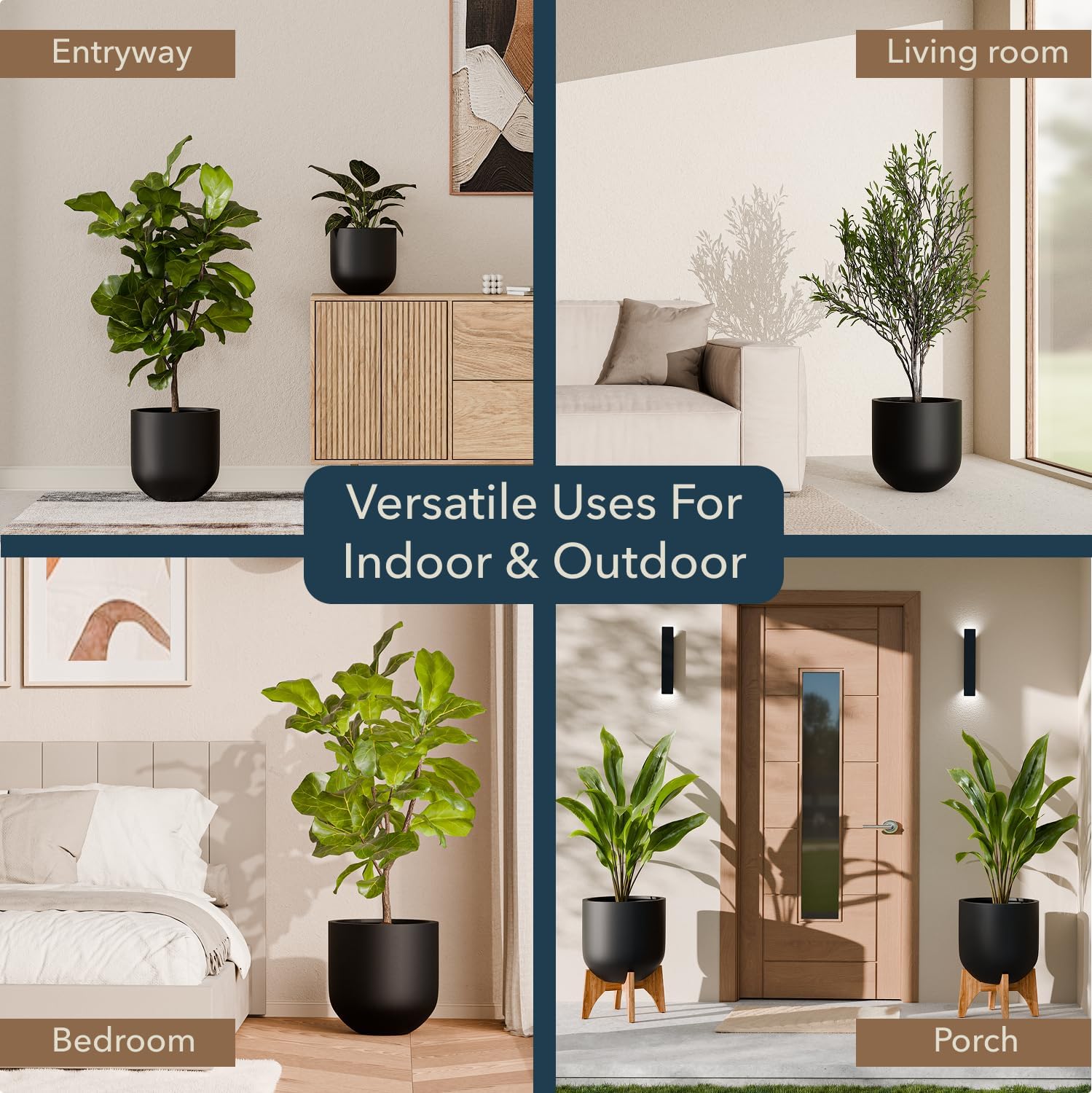 Premium 12" H x 12" D Arco Fiberstone Round Planter with Drainage Hole, Weather Resistant, Included Coco Mat (Tricorn Black, 12" Pot Opening)