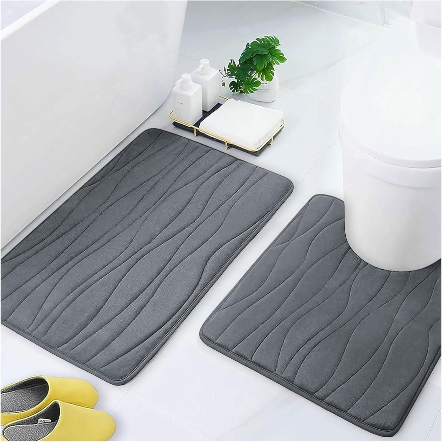 Luxury Flannel Memory Foam Bathroom Rugs Sets 2 Piece - 32x20 Bath Mat + 24x20 U-Shape Contour Rug, Water Absorption Soft Non Slip Thick Absorbent Washable Dry Fast for Bathroom Floor Mat(Grey Wave)