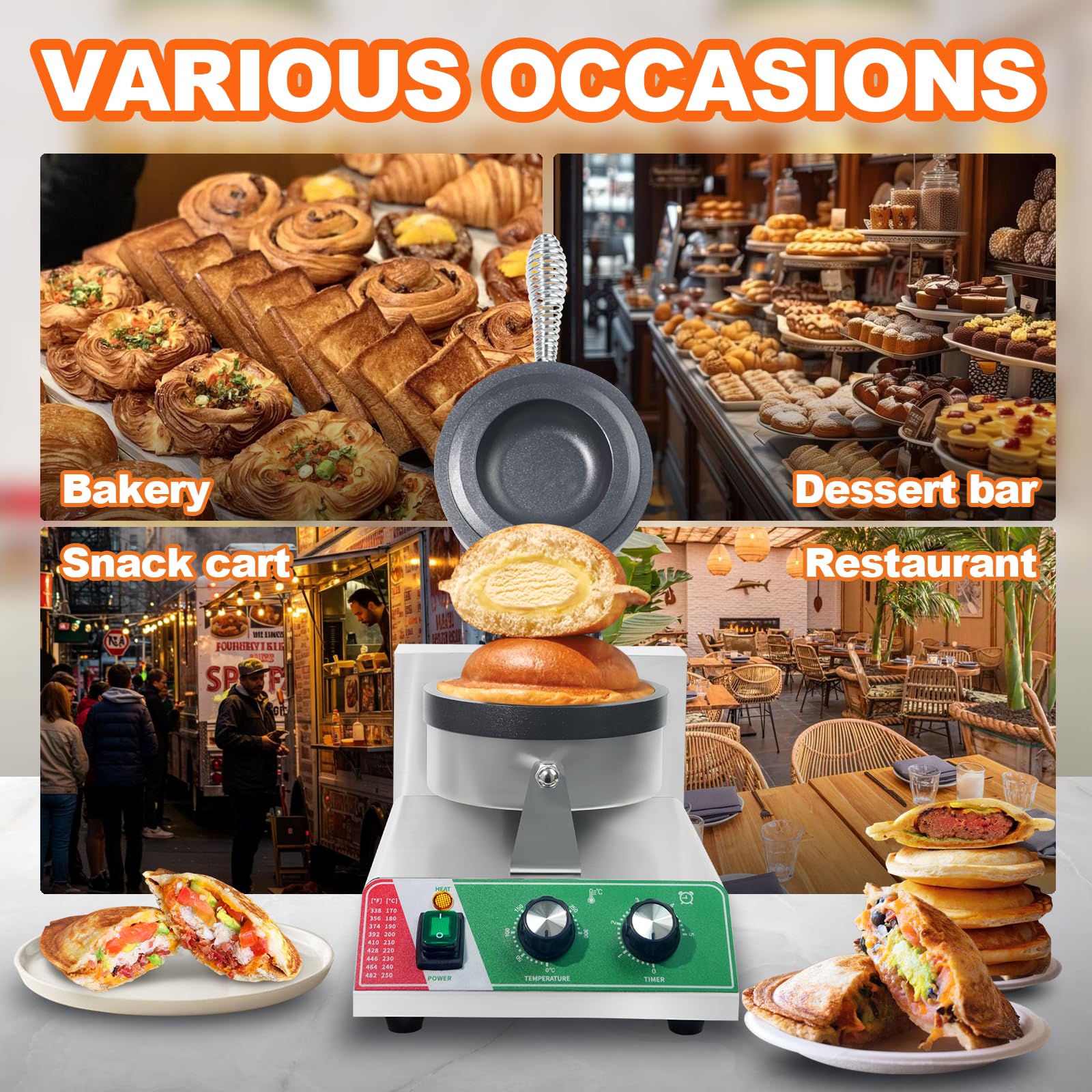 Máquina comercial de gofres de hamburguesa OVNI, máquina de llenado de helado con 0-5 tiempo y control de temperatura de 122-572 °F (122-572 °F) para hamburguesa y waflera antiadherente para 7