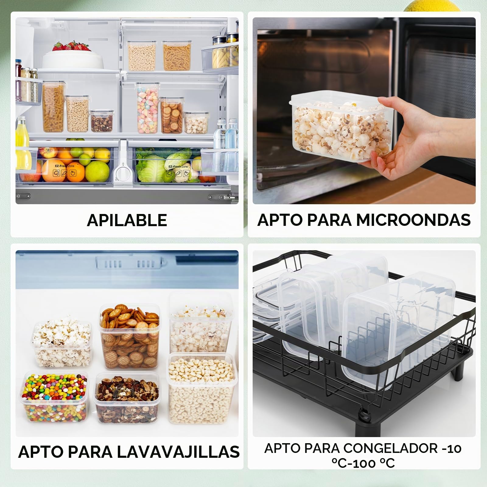 Recipientes Herméticos para Alimentos con Tapa – Juego de 16 Botes de Plástico Sin BPA para Conservación de Cereales, Harina y Comida – Organizador Cocina para Despensa y Cajones