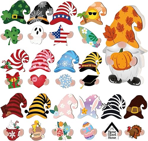 Blulu 31 piezas intercambiables de gnomo de madera para decoración de bandejas escalonadas de temporada con piezas magnéticas, letrero de bienvenida