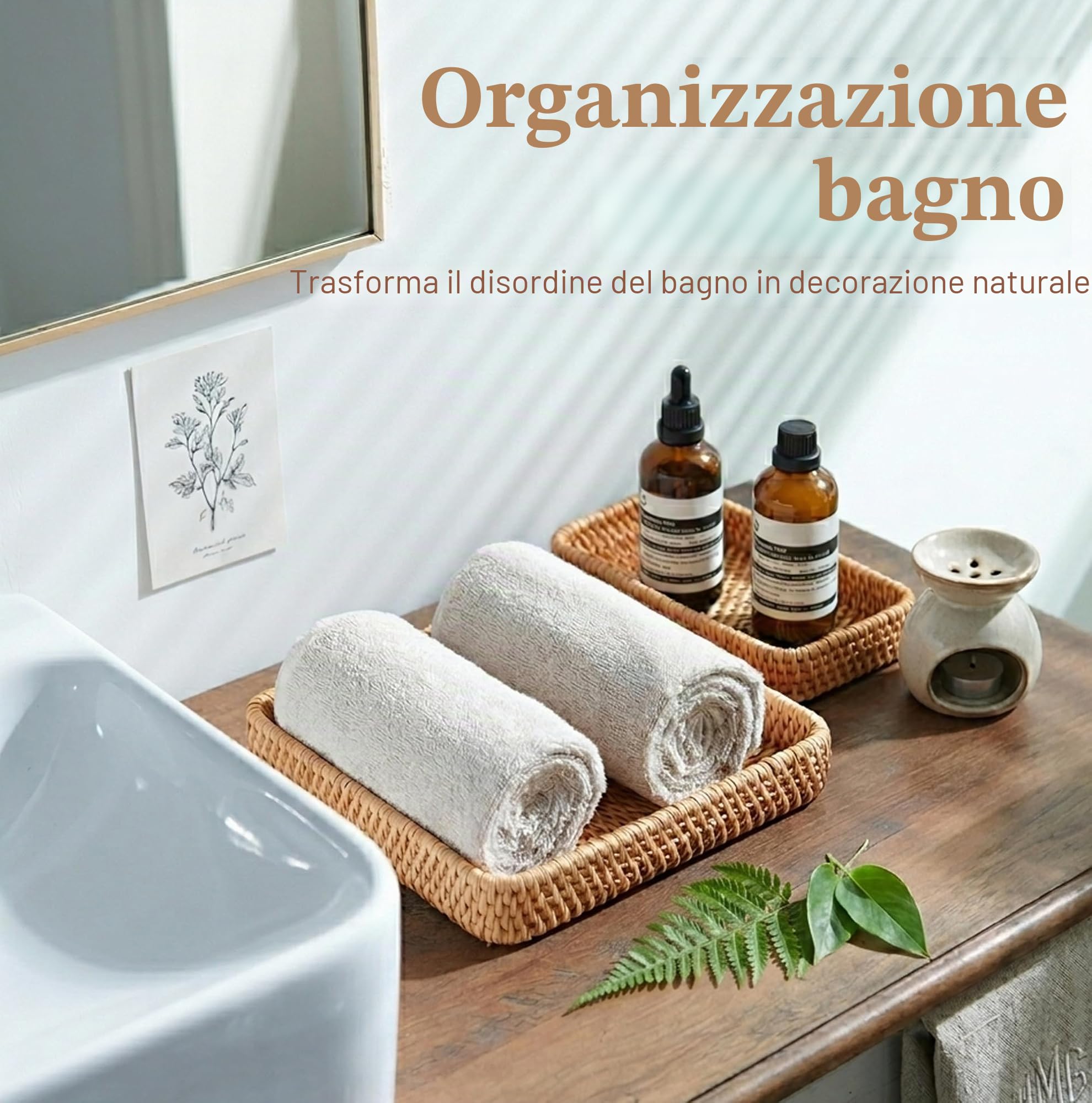 Vassoio da Portata in Rattan, Vassoio Rettangolare Intrecciato, Vassoio Cestino in Vimini Naturale per Organizzare il Bancone Della Cucina da Tavolo, Set di 3