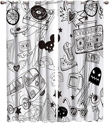 Miniatura 1 de FortuneHouse Blackout Curtains Thermal Insulated Modern Black and White Graffiti Solid Pattern Metal Grommet Elegant Room Drapes Window Curtain for