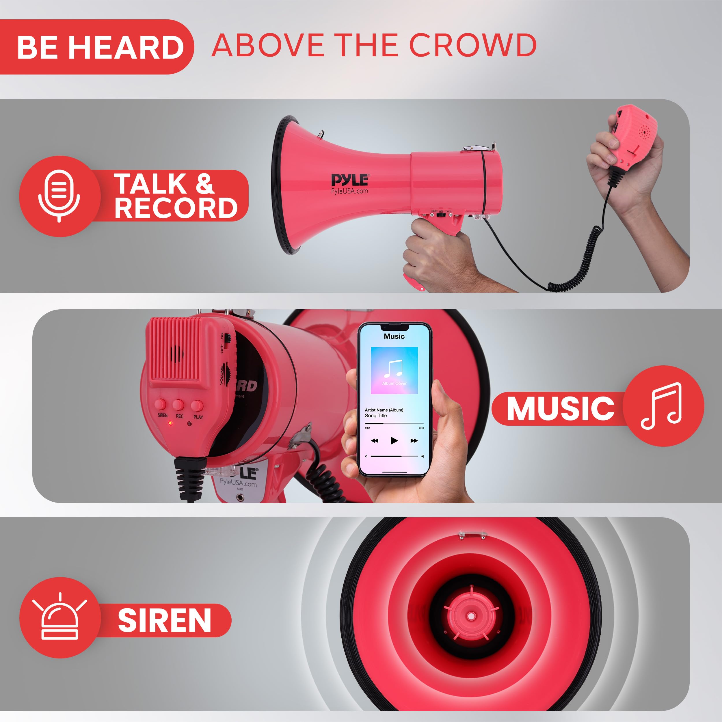 Pyle 50W Megaphone Bullhorn - Portable, Automatic Siren & Adjustable Volume,Projection Range Up to 1200 Square Yards, Aux Input, Talk, Siren, Music, Whistle, & Record, Shoulder Strap (Red)