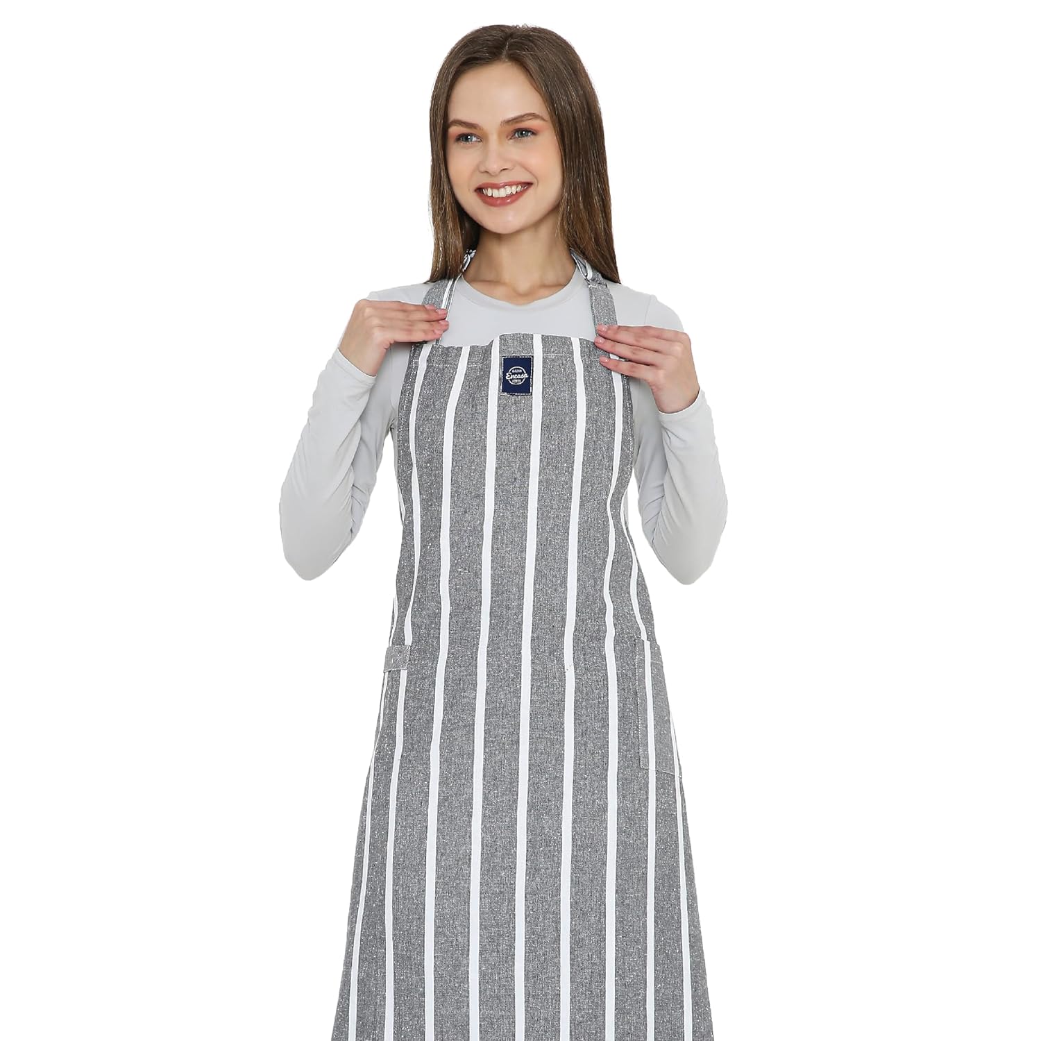 Encasa XO Apron for Kitchen for Men & Women, Cotton Fabric with Adjustable Straps, Pocket & Towel Holder for Easy cooking- Roma Grey Stripes | 27″x33″
