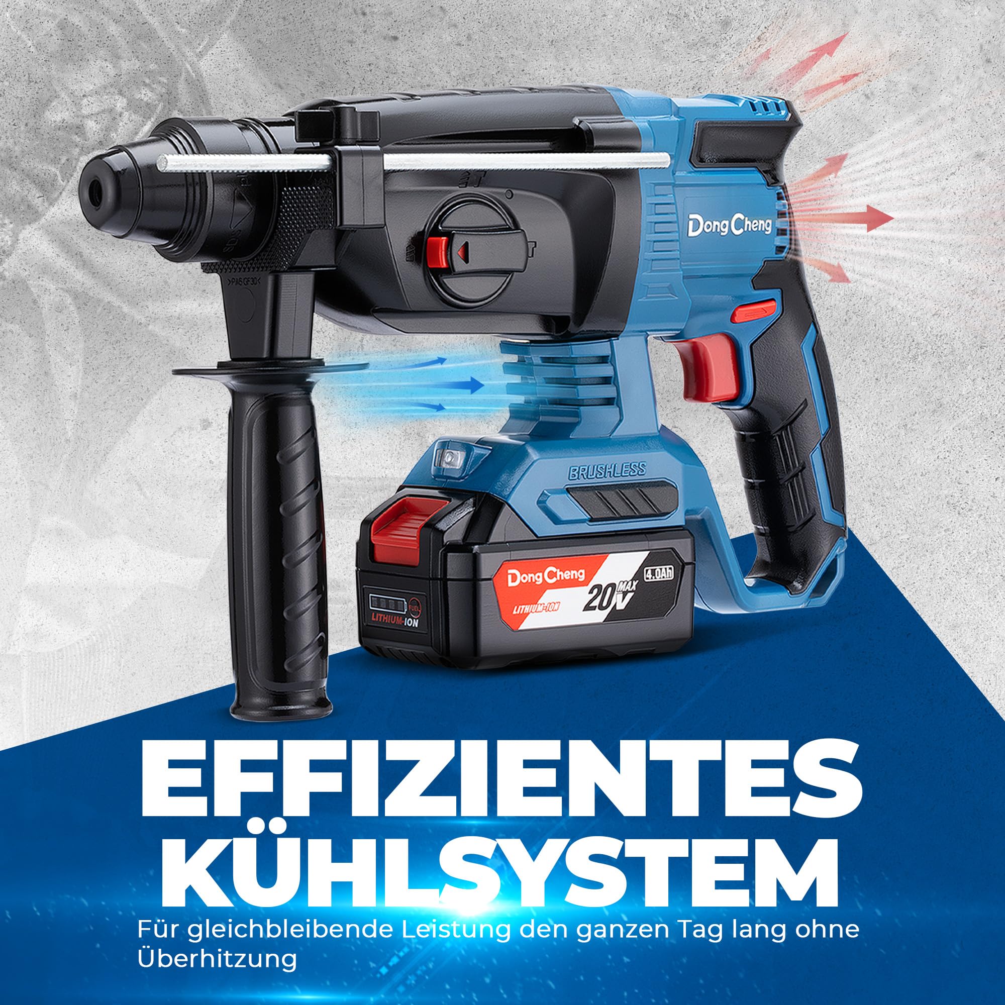 DongCheng Akku Bohrhammer 20V, Schlagenergie 2.8 J, mit 4 Stück SDS-plus, Bohren bis 28 mm, Bürstenloser Bohrhammer Motor, Anti-Vibrationsgriff, inkl. 4Ah Akku und 2A Ladegerät im Handwerkerkoffer