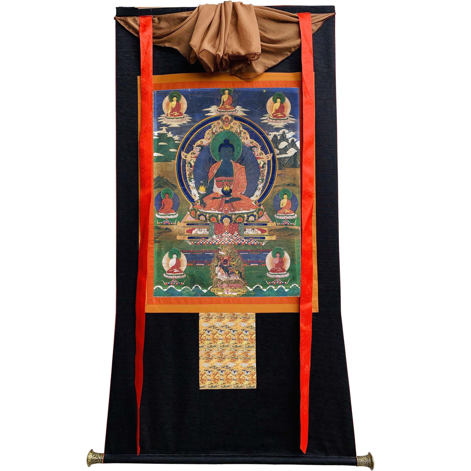 Gandhanra Tibetische Thangka-Kunst–Bhaisajyaguru Medizin buddha Thangka–Hochauflösender Digital-Giclée-Druck und doppelt handgerahmt - Buddhistische Wandbehang-Tapisserie - 47" x 32"