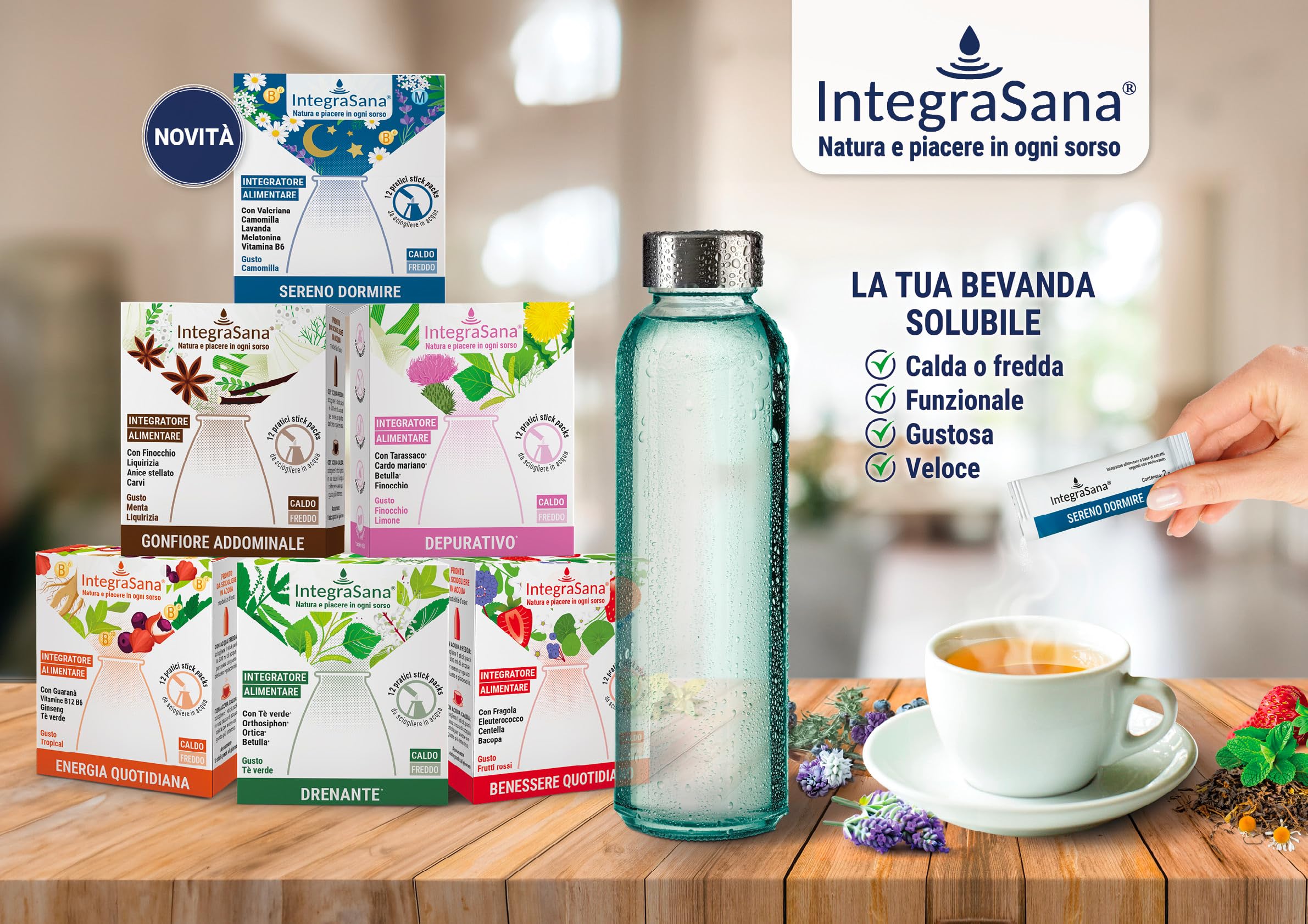 Integratore solubile, Gusto tè verde, Confezione da 12 stick da sciogliere in acqua fredda o calda. Favorisce il drenaggio dei liquidi corporei.