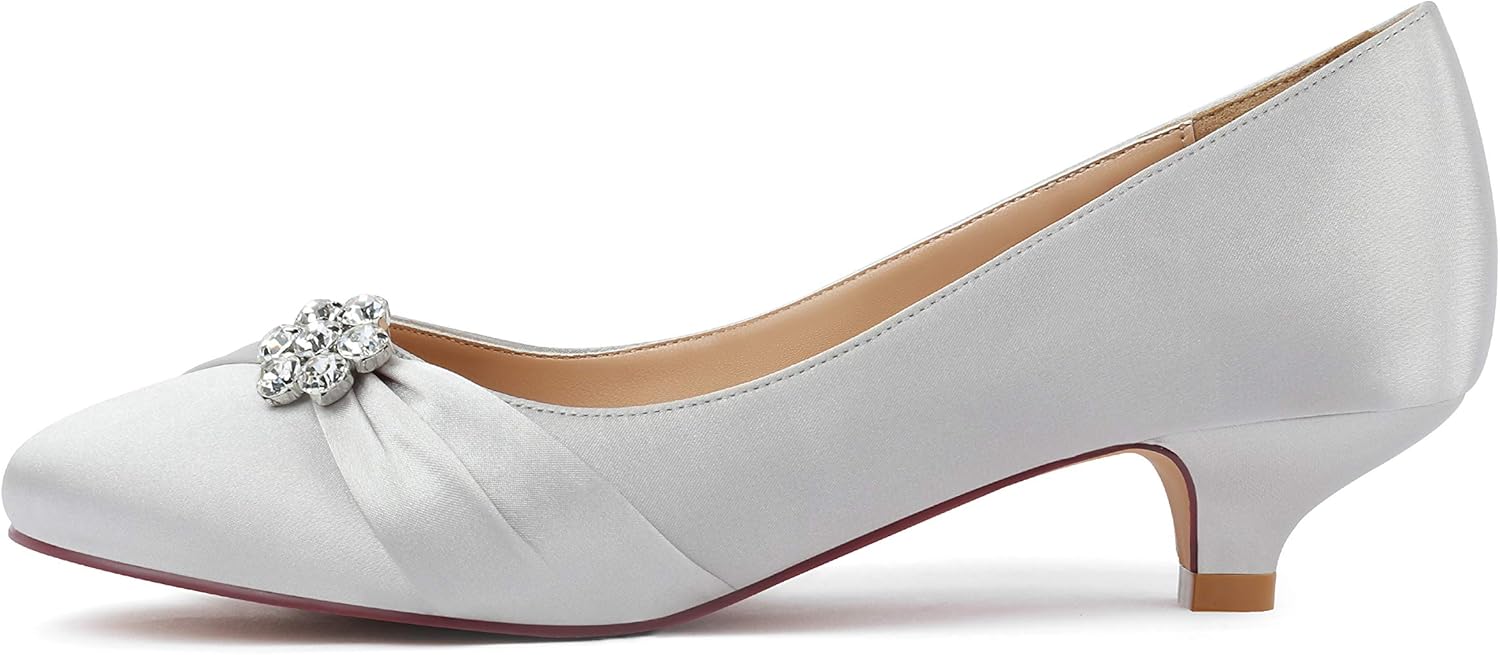 ERIJUNOR Women Closed Toe Comfort Kitten Heels Rhinestones Satin Wedding Evening Dress Shoes - Image 2