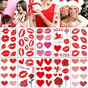 84 Pcs Kiss Tattoo Temporary Stickers Red Lips Heart Love Rose Women Halloween Valentines Day Wedding Party Supplies Face Body Art Decals