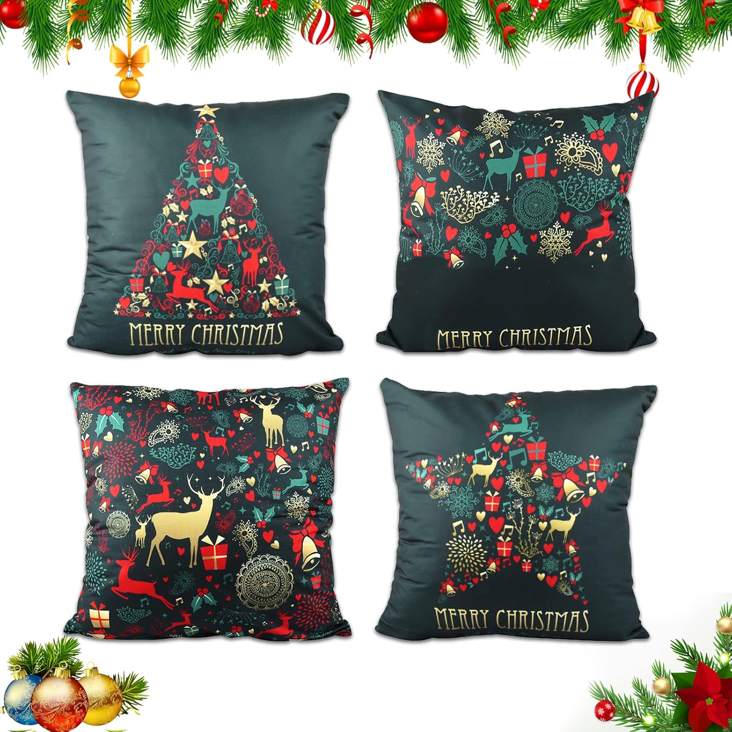 Christmas Cushion Covers Set of 4, Christmas Decorations Pillow Cases